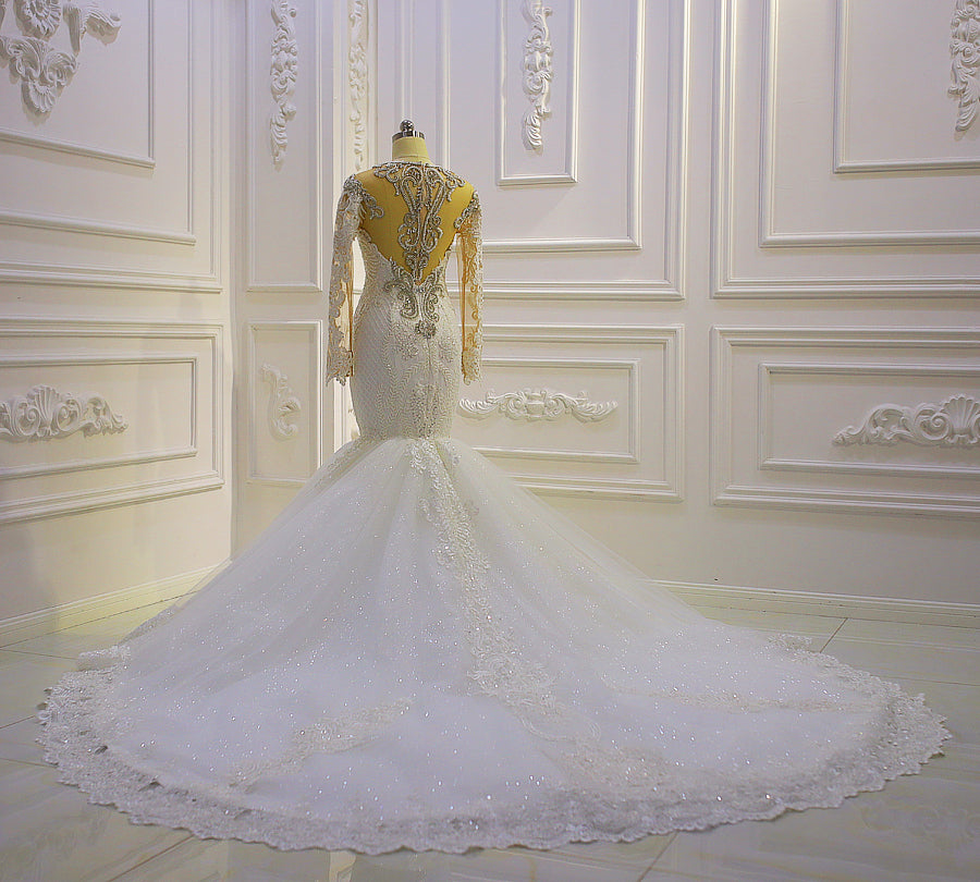 Elegant Long Sleeve Lace Applique Crystal Mermaid Wedding Dress AM1032 - Perfect for 2022 Bridal Ceremonies, Beach Weddings & Formal Evening Receptions