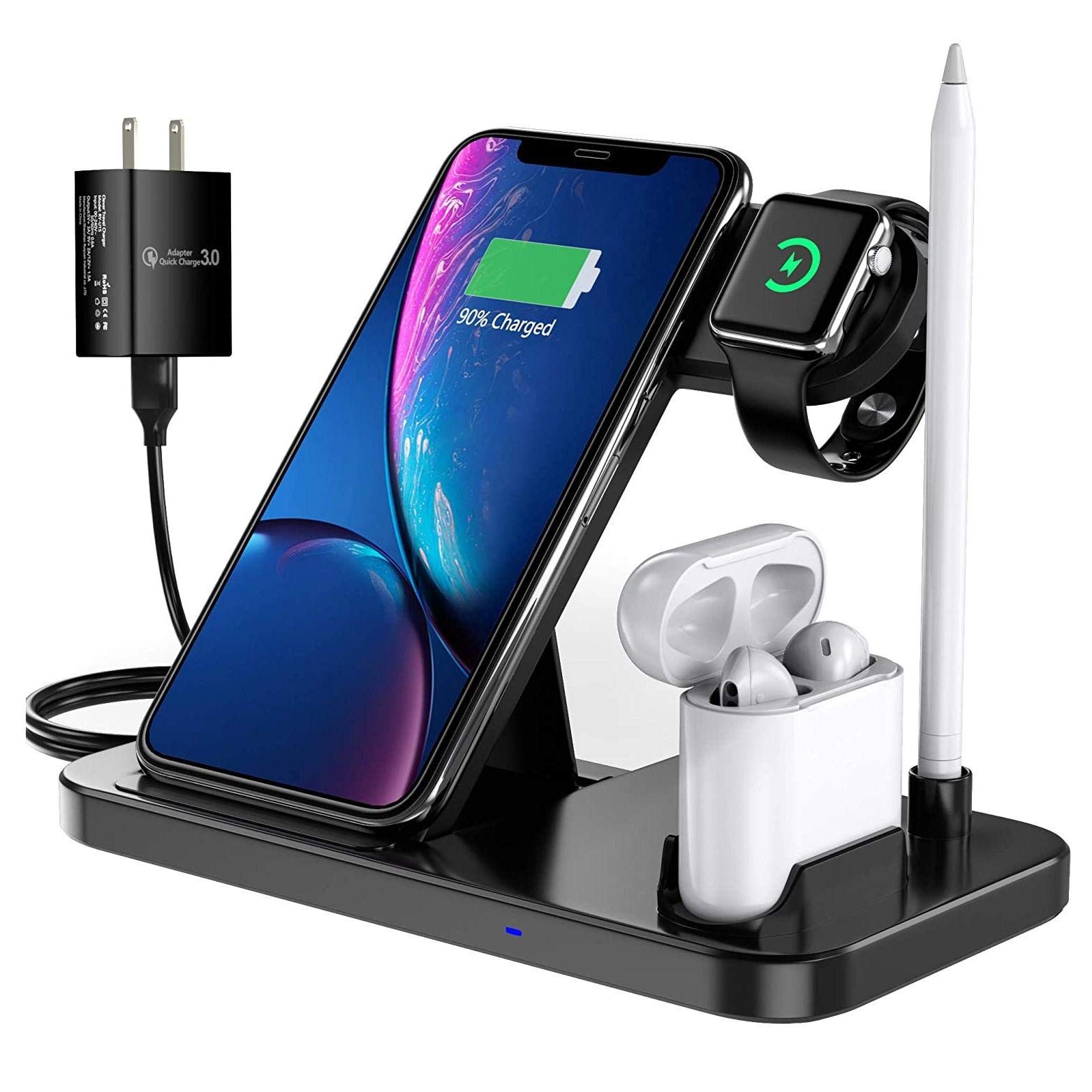 BoxWave 4-in-1 Wireless Charging Stand for iPhone 12 Mini - Qi Certified Multi-Device Desktop Charger with Fast Charging | Perfect for Home, Office, and Travel Use