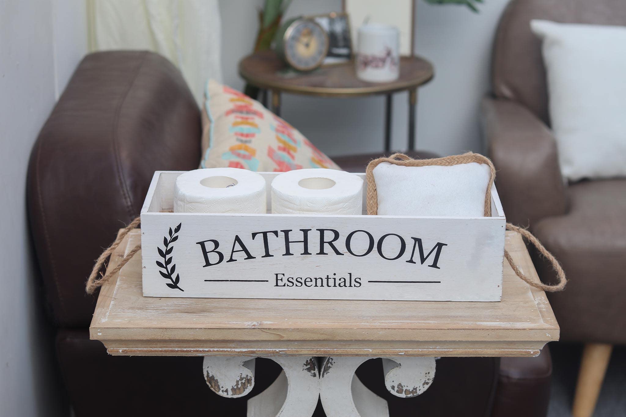 Rustic Farmhouse Wooden Bathroom Storage Box - Over The Toilet Organizer with Rope Handle, Distressed White Finish - Perfect for Toilet Paper Storage, Bathroom Decor & Small Space Organization