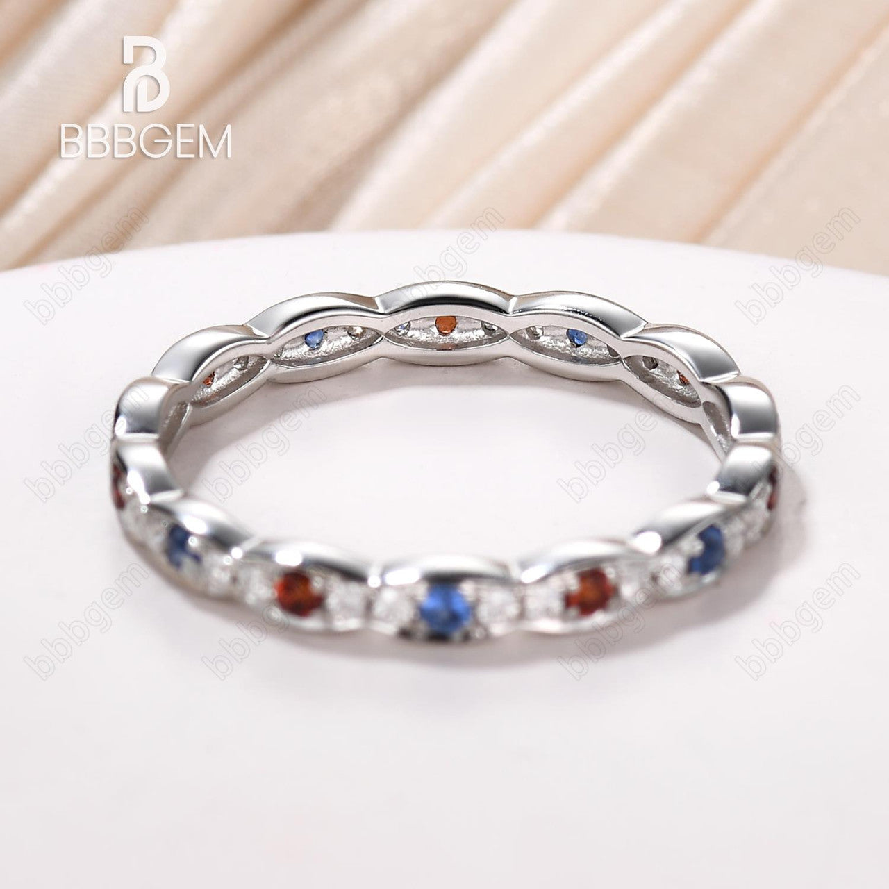 Platinum Garnet Sapphire Moissanite Diamond Eternity Stackable Wedding Band Set - Anniversary & Birthday Gift for Women, Perfect for Valentine's Day, Proposal, or Bridal Jewelry