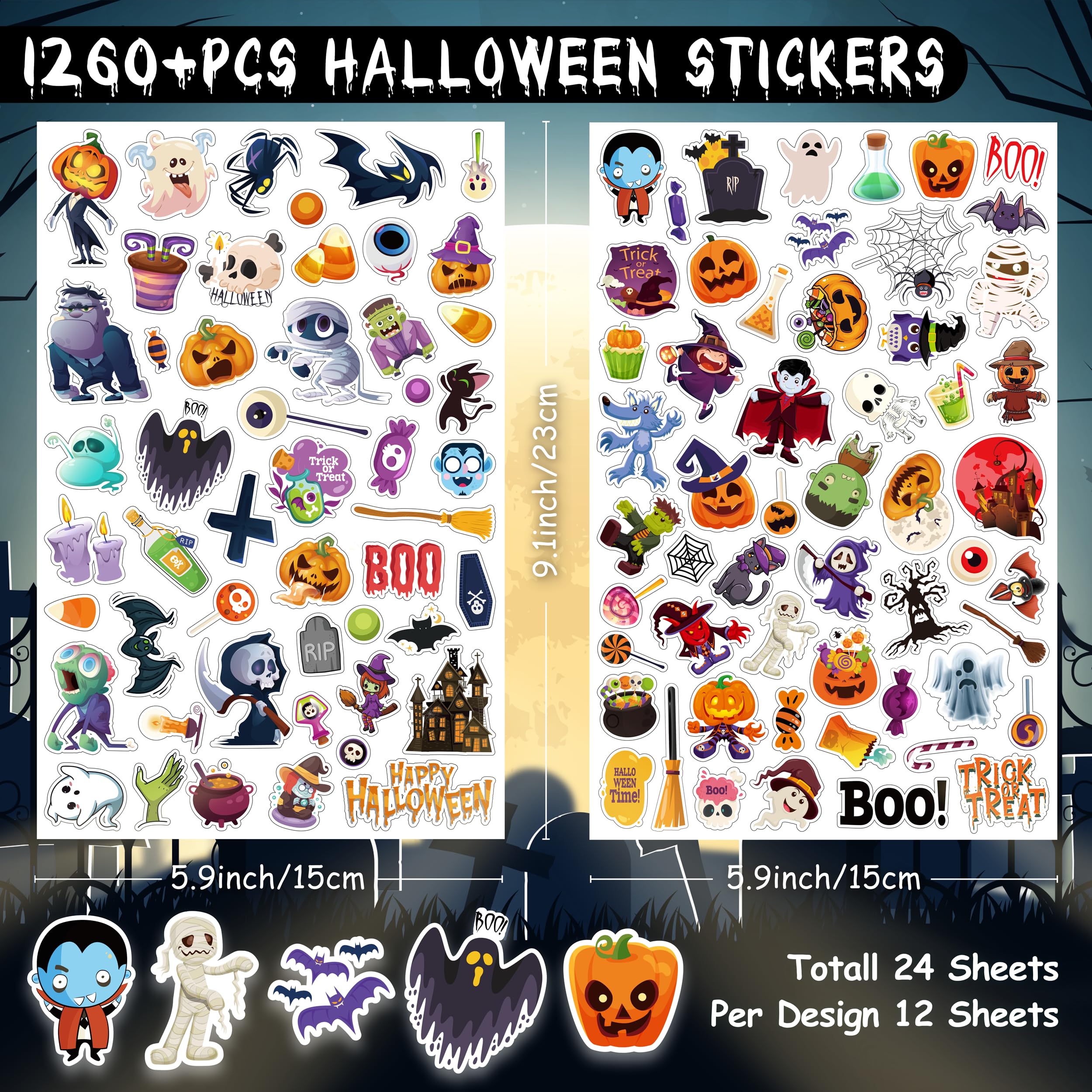 LINAYE 1260PCS Halloween Stickers for Kids - 24 Sheets Bulk Cute Small Adhesive Stickers for Halloween Treat Bags, Goodie Bags, Party Favors - Perfect for Classroom Rewards, Trick or Treat, Pumpkin Decorations & Halloween Party Supplies