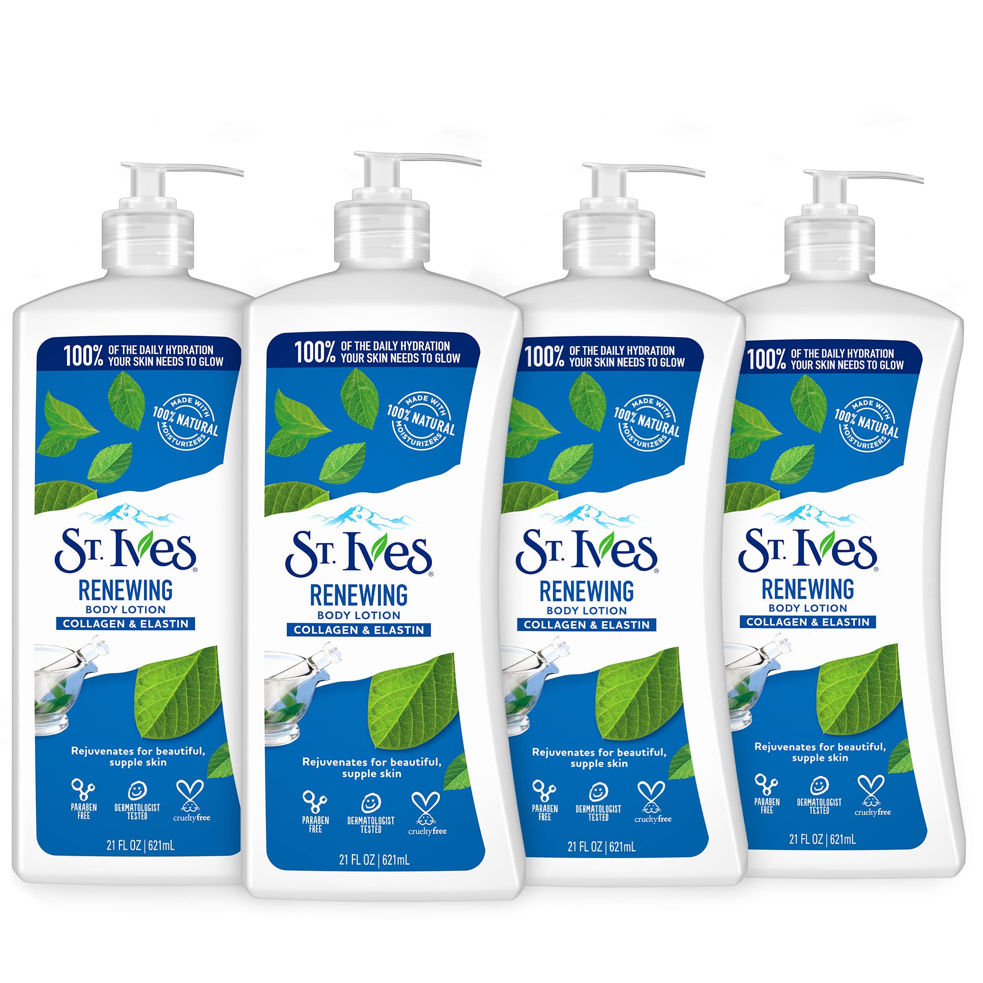 St. Ives Renewing Hand & Body Lotion with Pump - Daily Moisturizer with Collagen & Elastin for Dry Skin | 100% Natural Moisturizers | 21 fl oz, 4 Pack | Perfect for Women's Daily Skincare Routine & Gift Sets