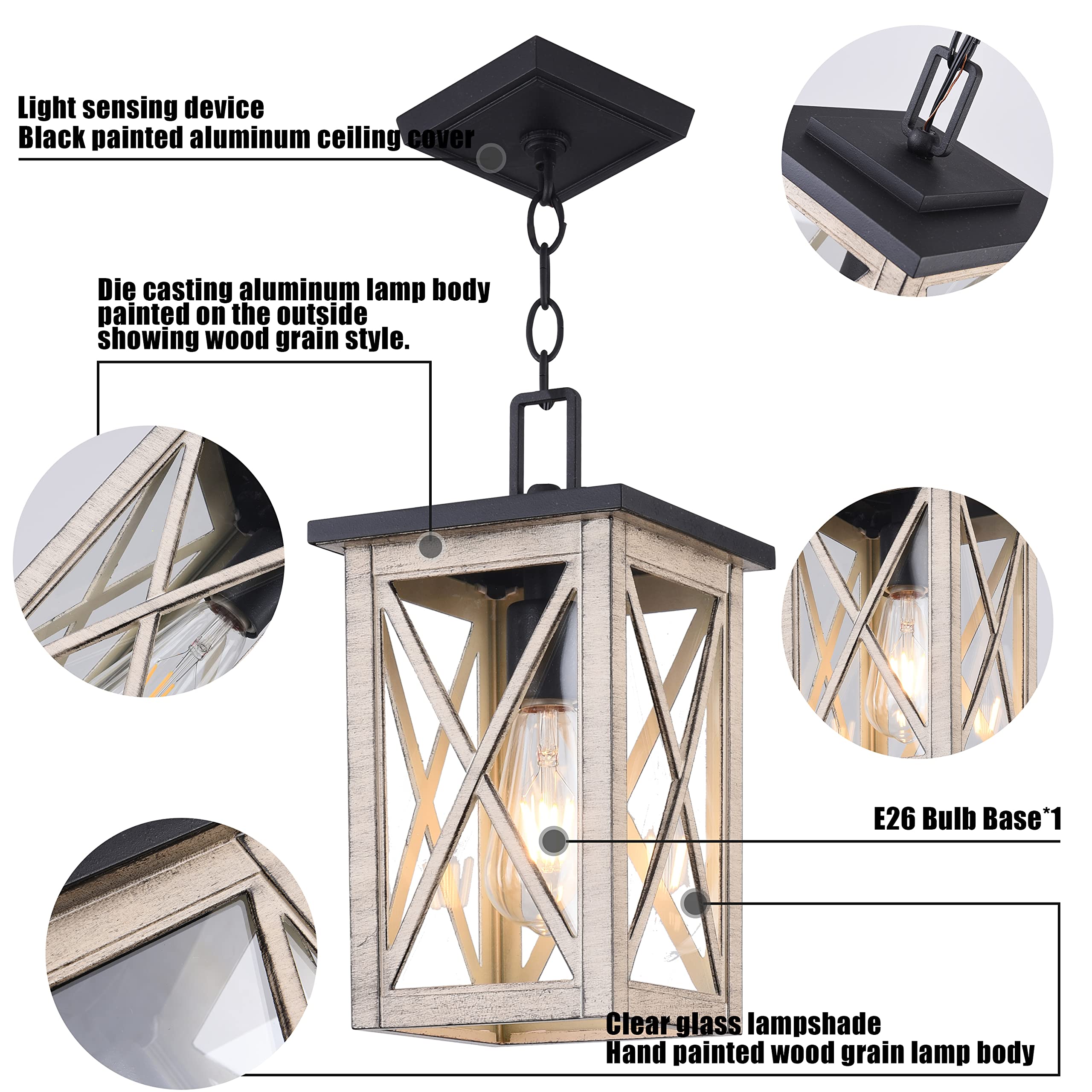 Outdoor Pendant Light - Waterproof Hanging Lantern with Wood Grain & Glass Shade - 1-Light Exterior Fixture for Porch, Patio, Entryway - Perfect for Garden, Deck, and Outdoor Dining Areas