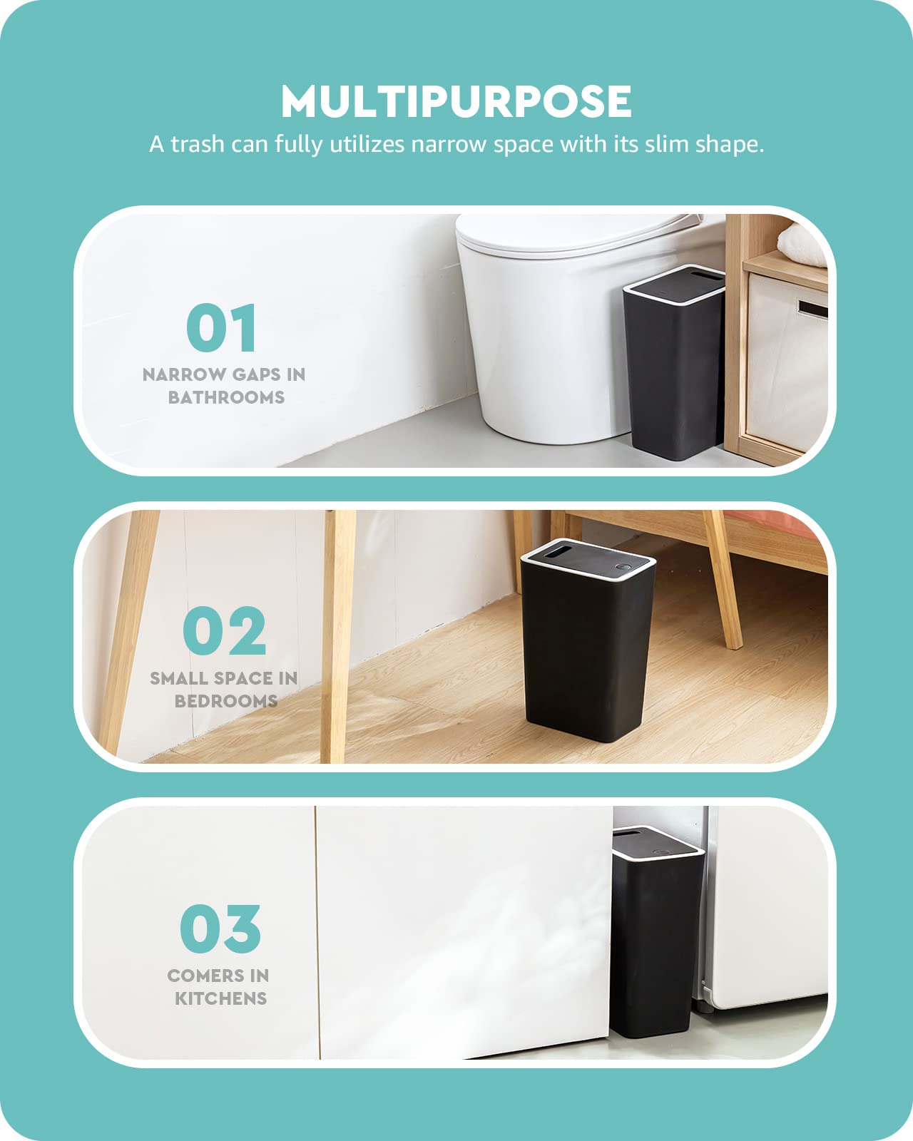Baffect 8L Push-Top Kitchen Trash Can with Lid - Plastic Waste Bin for Kitchen, Bathroom, Bedroom, Living Room & Office - Odor-Controlling Black Garbage Bin (Perfect for Small Spaces & Under-Sink Storage)