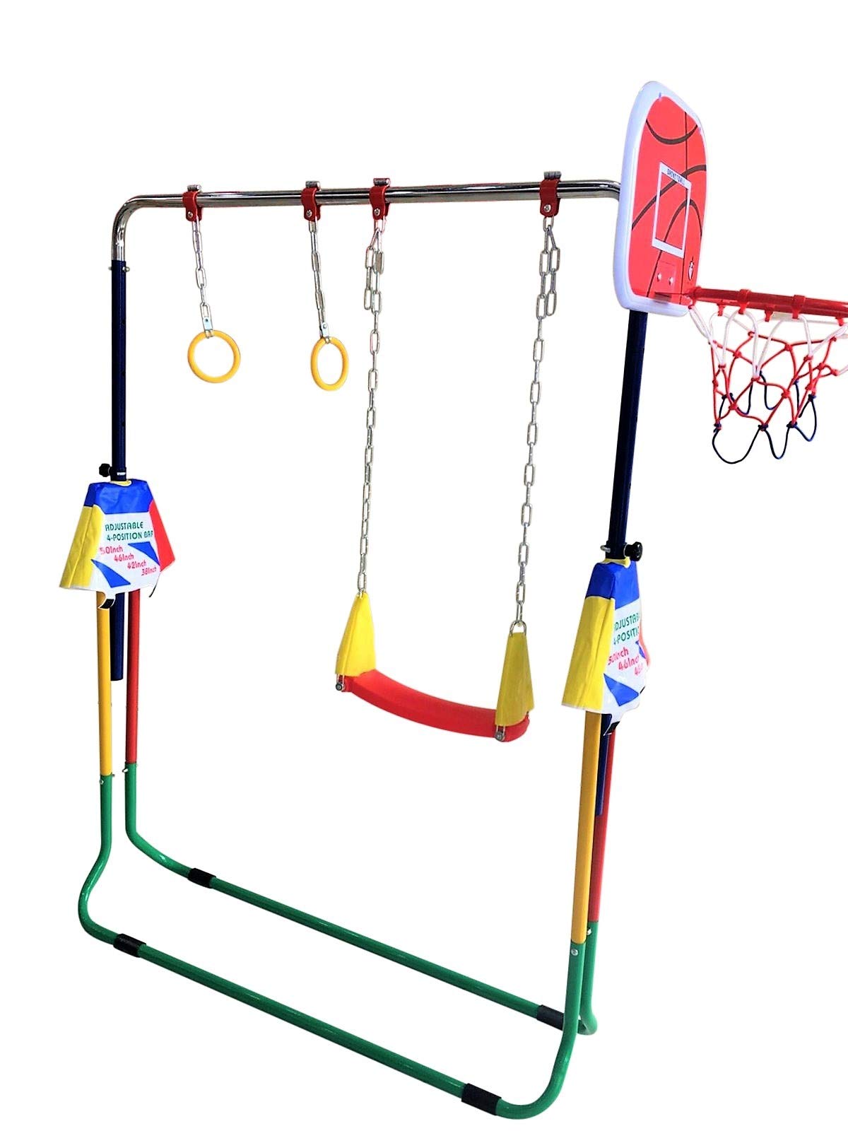 Expandable Monkey Bars for Kids - Gymnastics Training Set with 6Ft Balance Bar, 2Ft x 6Ft Gym Mat, Basketball Hoop, Swing Seat & Trapeze Rings - Indoor/Outdoor Play Equipment for Backyard, Park & Home Gym (Yellow & Red)