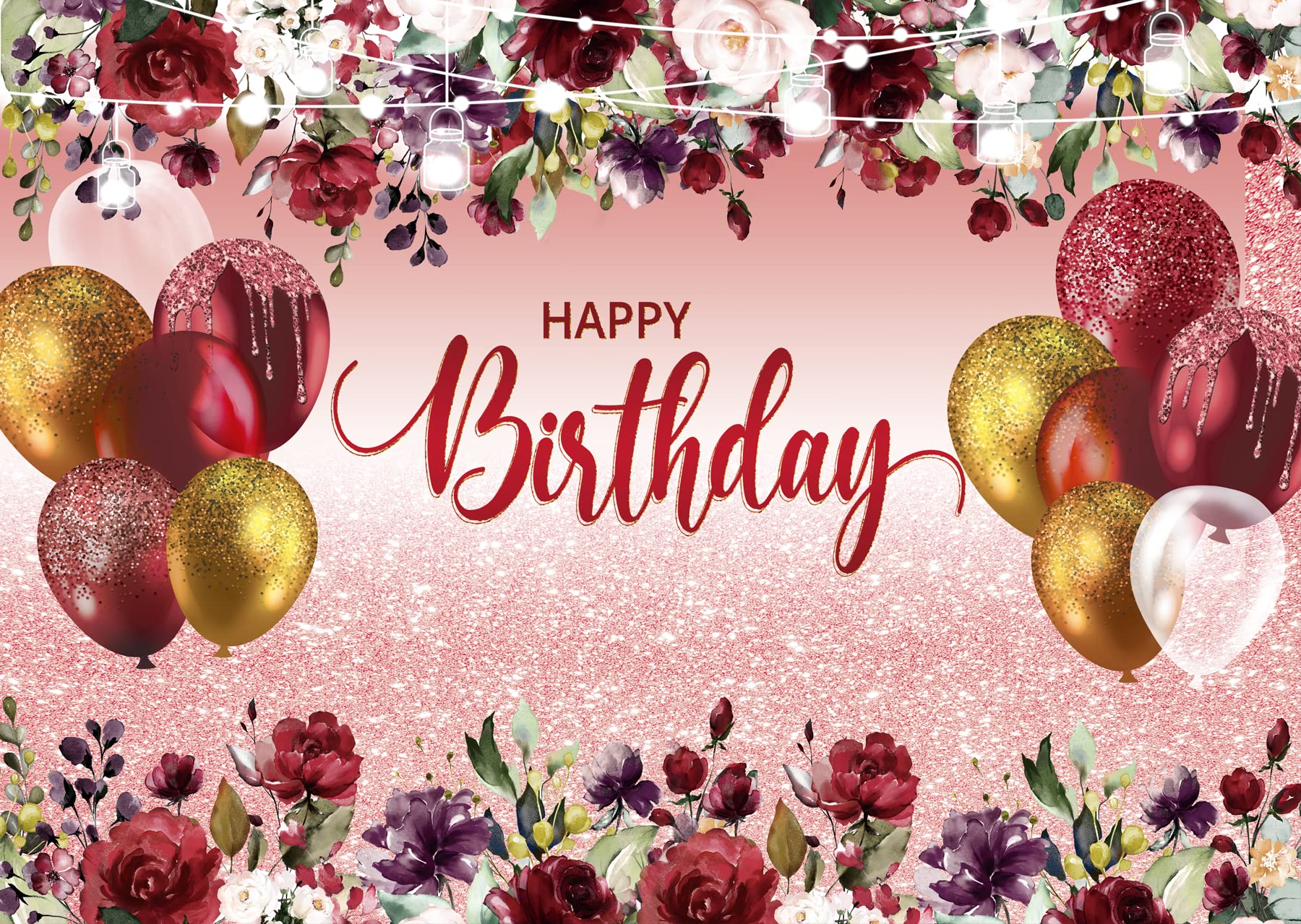 LTLYH 7x5ft Happy Birthday Party Backdrop - Red & Gold Foil Balloon Garland Decorations for Women's Birthday, Bridal Shower, Baby Shower & Anniversary Party Supplies | Photo Booth Background Banner