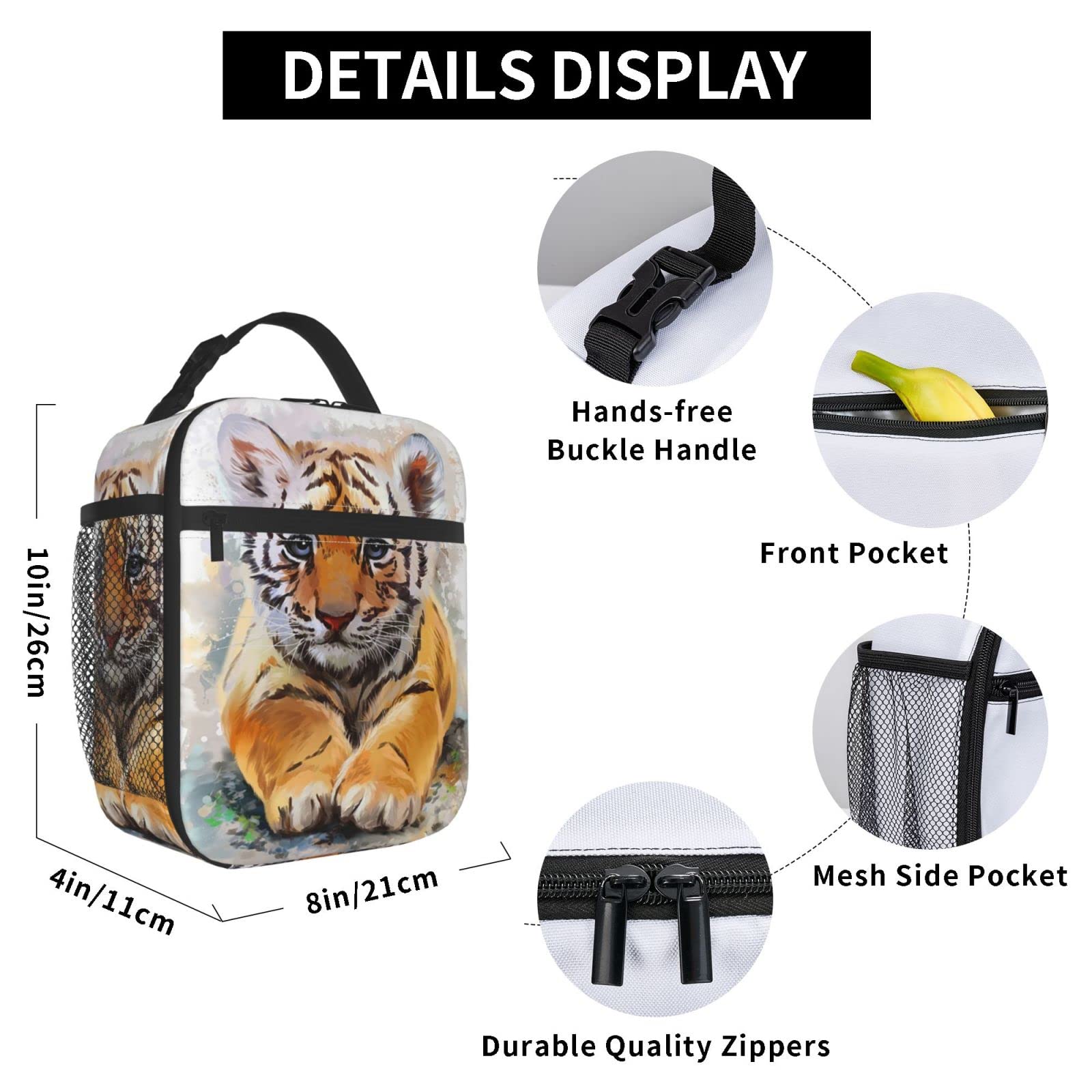 KiuLoam Insulated Lunch Box - Reusable Thermal Meal Bag with Adjustable Shoulder Strap for Women, Men, Kids | Cute Oil Painting Baby Tiger Design | Perfect for School, Office, Picnics & Outdoor Activities