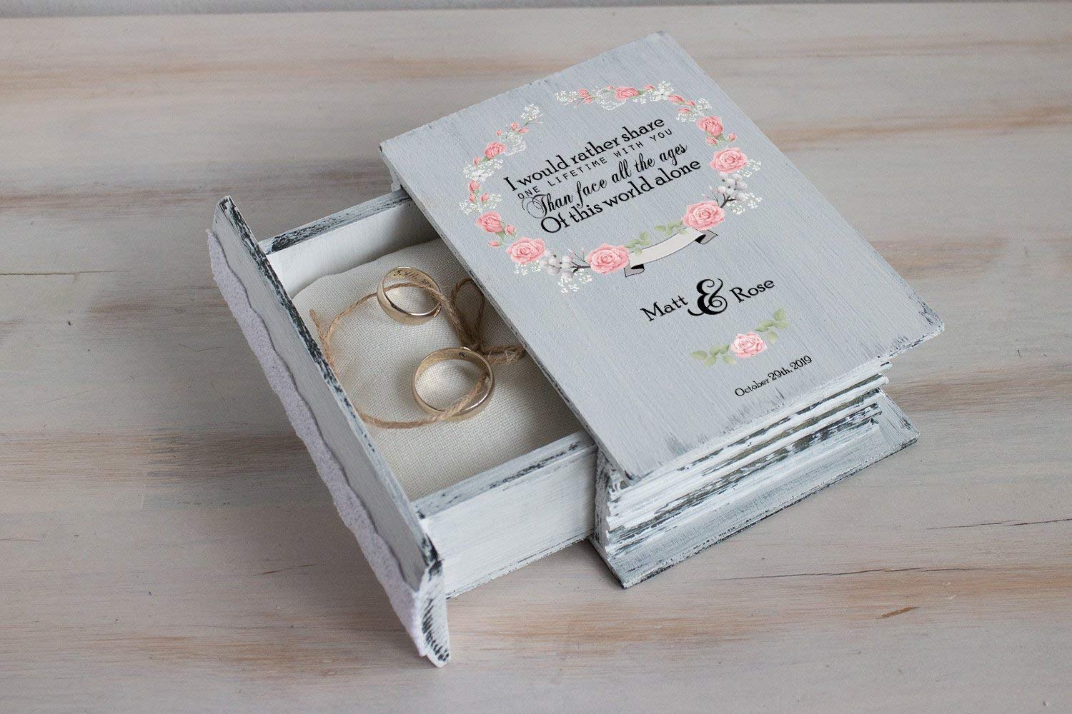Personalized Wedding Ring Box - Black & White Ring Bearer Box with Blush Pink Roses, Floral Engagement Ring Holder for Spring Weddings, Bridal Showers & Proposals - Elegant Gift Box for Jewelry Storage