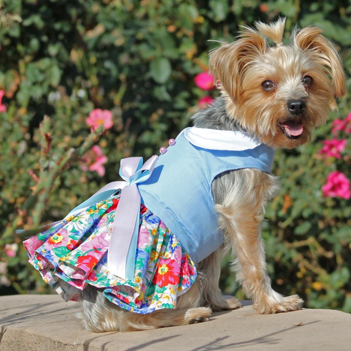 DOGGIE DESIGN Powder Blue & Pearls Floral Dog Harness Dress - Elegant Pet Outfit for Small Dogs, Puppy Fashion Accessories, Perfect for Parties, Weddings & Photo Shoots