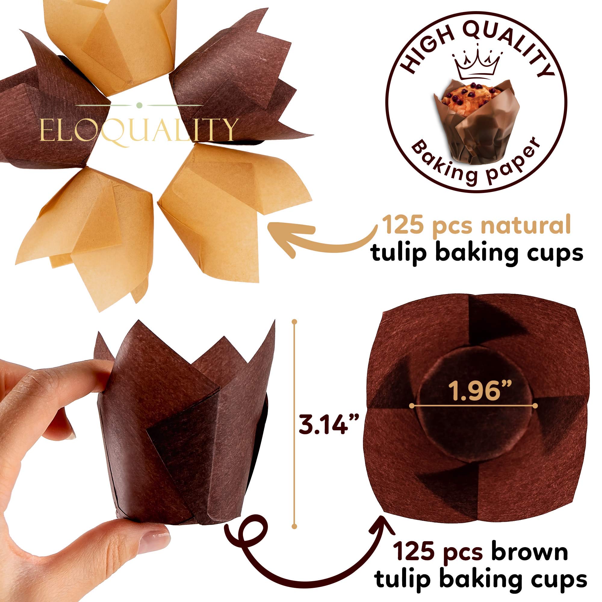 250-Pack Brown Greaseproof Tulip Baking Cups & Natural Parchment Liners - Premium Cupcake Wrappers for Muffins, Mini Snacks, Wedding & Birthday Parties (Ideal for Home Baking, Cafes & Catering Events)