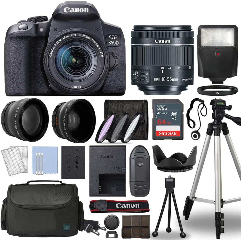 Canon EOS Rebel T8i/850D Digital SLR Camera with EF-S 18-55mm IS STM Lens Kit - 3 Lens Bundle, 64GB Memory Card, Flash, Case & Accessories | Perfect for Photography, Travel & Vlogging