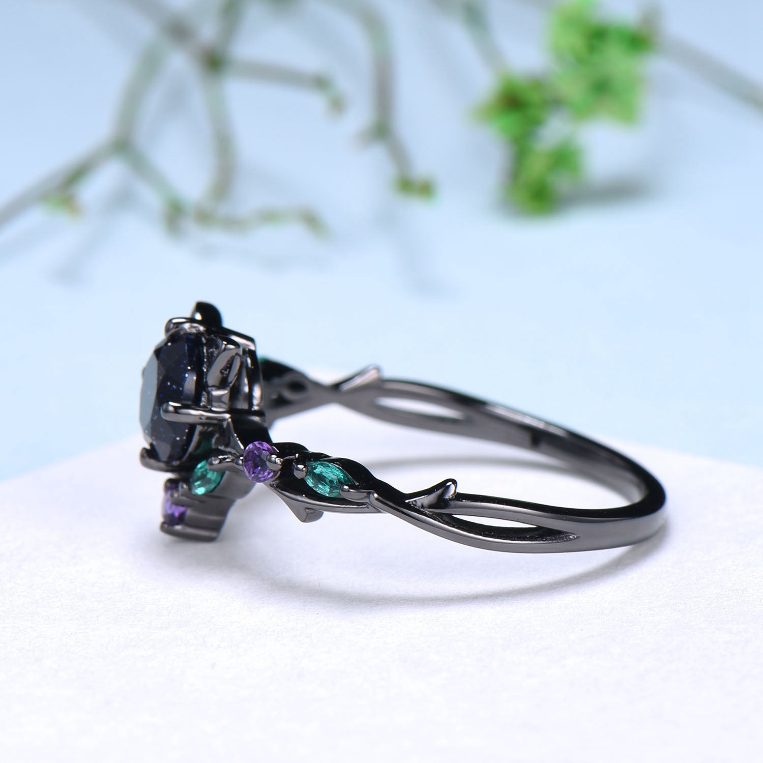 5mm Round Blue Sandstone Vintage Galaxy Starry Engagement Ring - Black Gold Cat Promise Ring with Marquise Emerald - Elegant Wedding Jewelry for Her, Perfect for Proposals, Anniversaries & Special Occasions