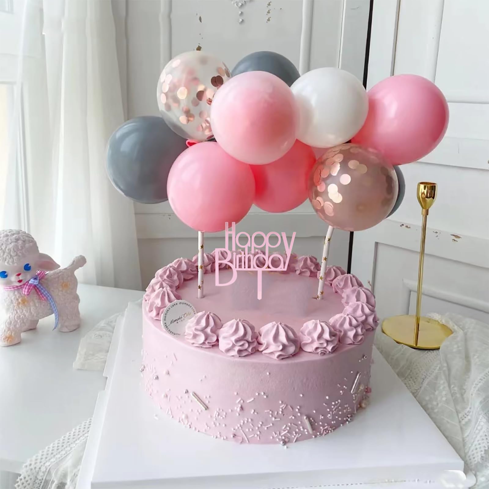 14PCS Pink Balloons Cake Toppers Set with Happy Birthday Cards & Confetti - Party Balloon Decorations for Birthday Cakes, Baby Showers & Anniversary Celebrations