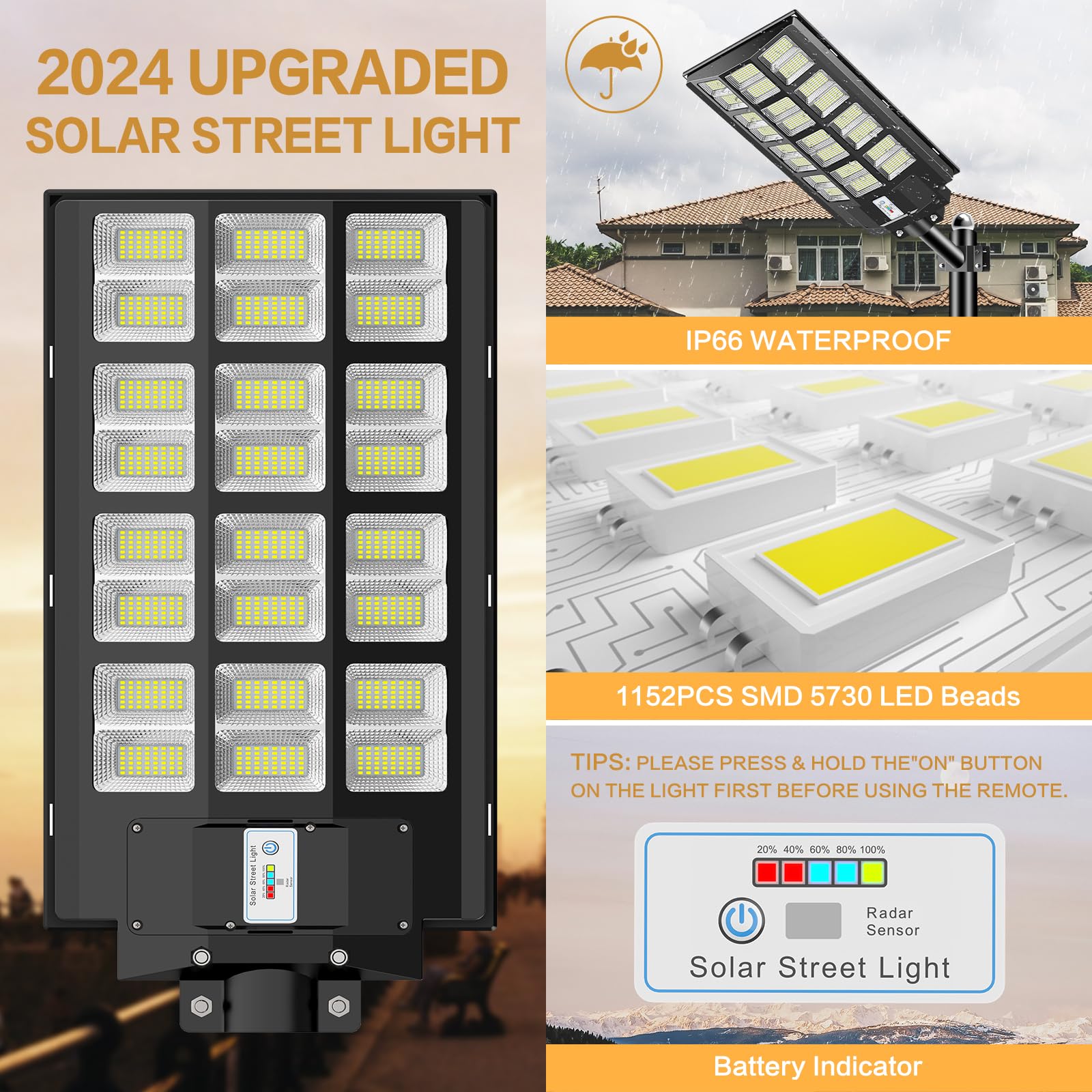 3200W Solar Street Lights Outdoor - 300,000 Lumens Commercial Solar Parking Lot Lights with Motion Sensor, IP66 Waterproof, Dusk to Dawn (2 Pack) - Perfect for Parking Lots, Driveways, Pathways, and Backyards