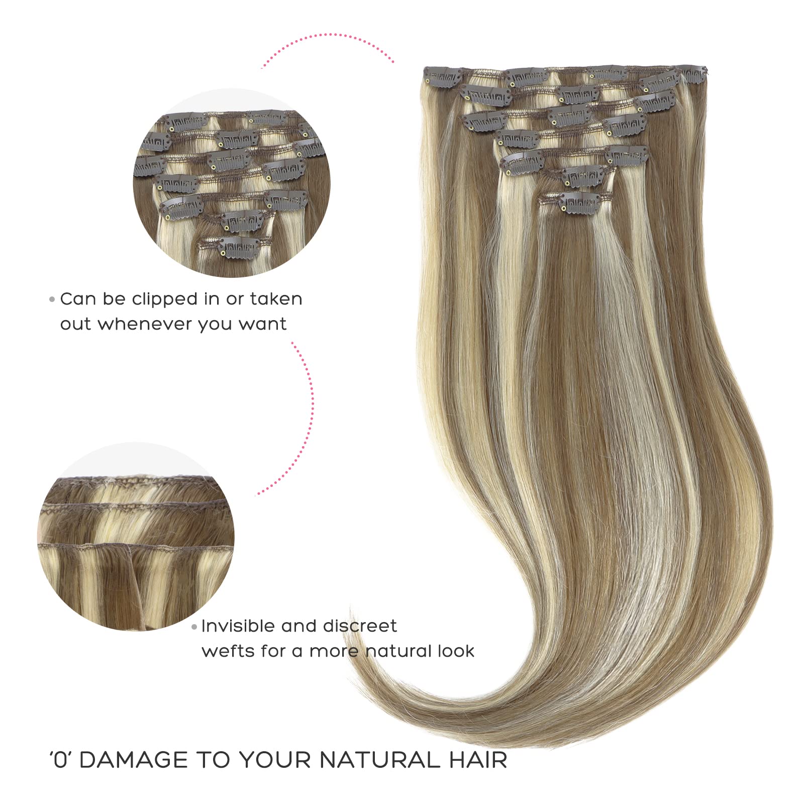 Marat Clip-In Human Hair Extensions 22 Inch Straight - Medium Brown with Golden Blonde Highlights (120g) | Natural Look for Parties, Weddings & Daily Styling