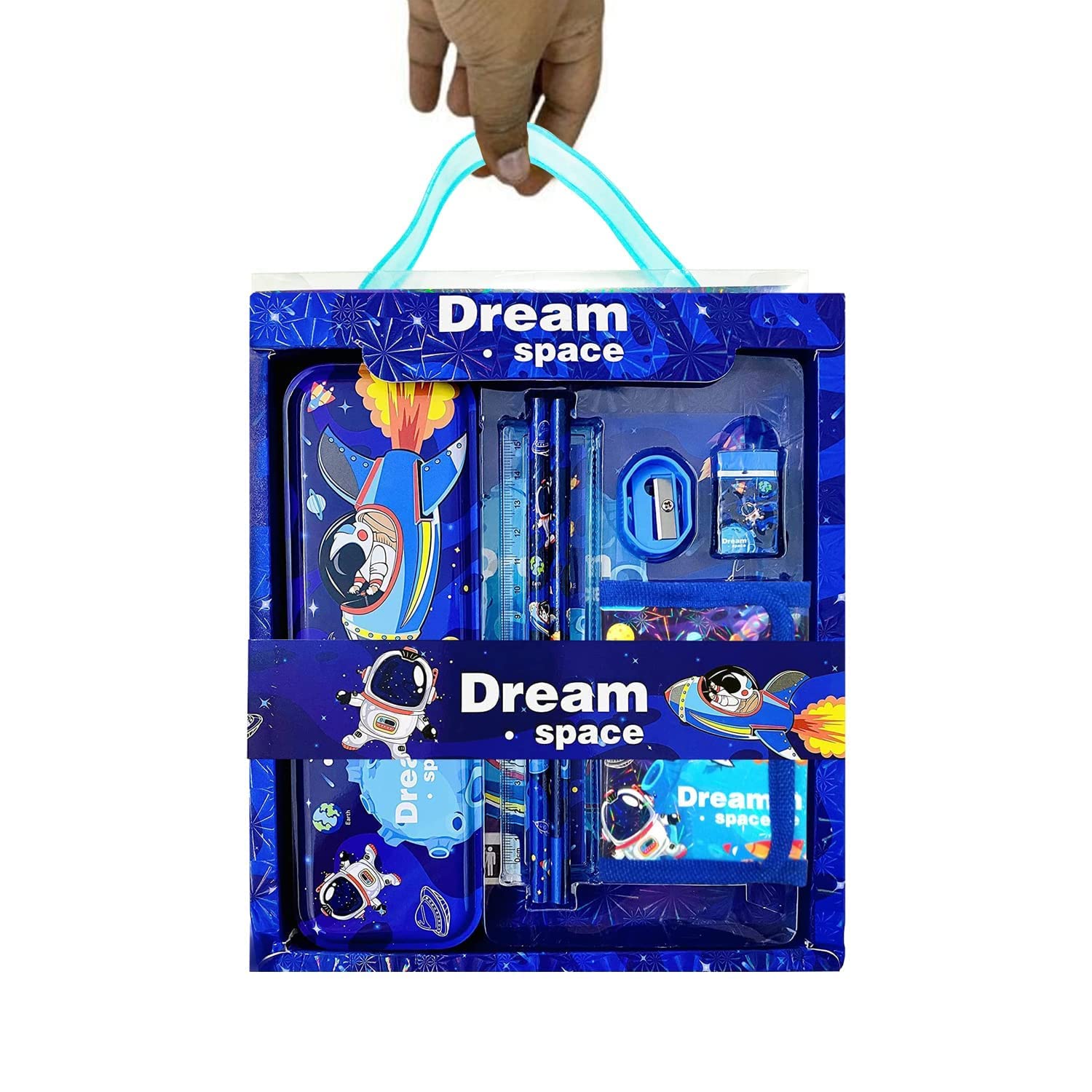 FETE PROPZ Space Stationery Kit for Boys - 7 Pc Blue School Supplies Set with Pencil Box, Wallet, Eraser & Sharpener | Perfect Return Gifts for Birthday Parties & Back to School