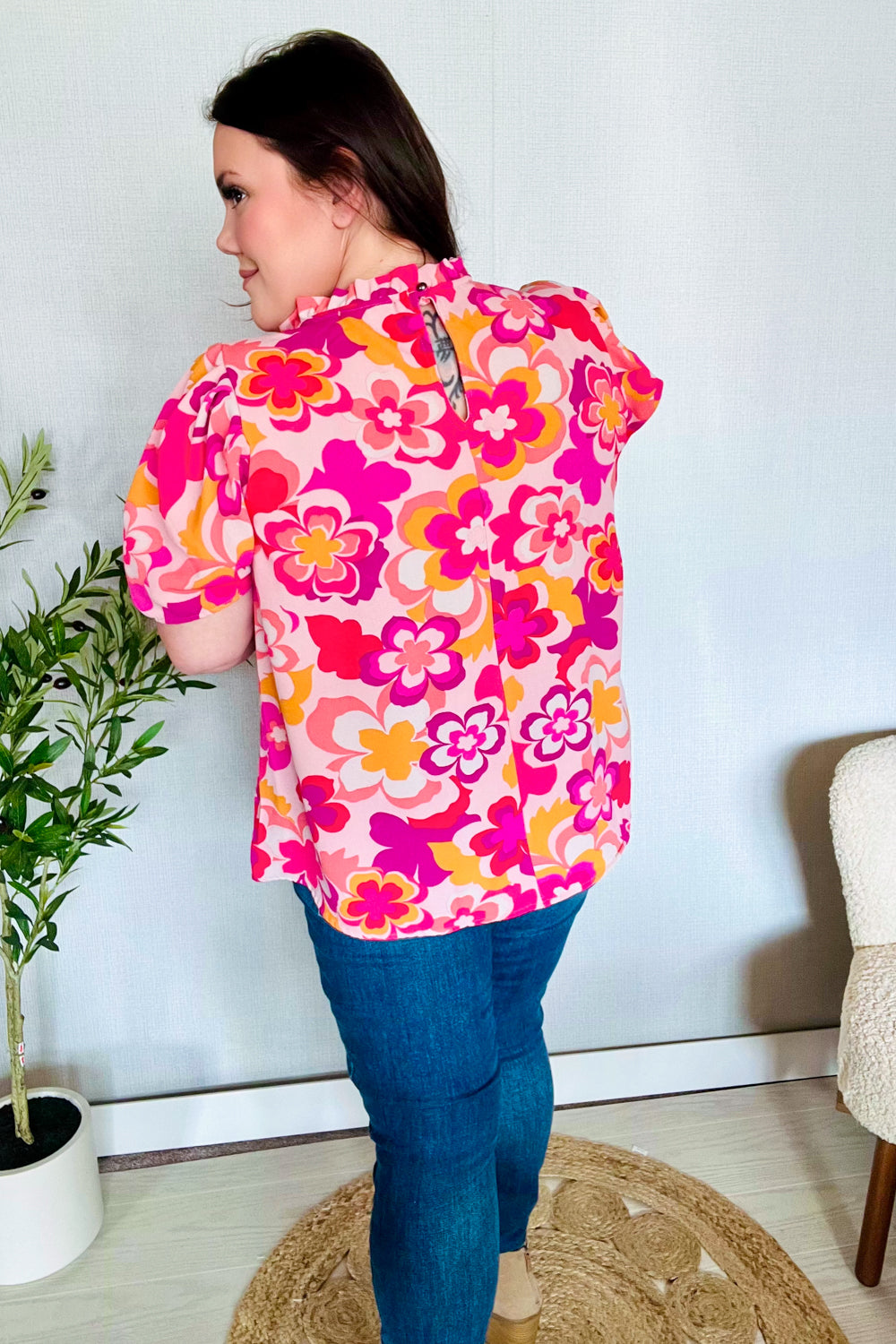 Perfectly You Fuchsia Big Floral Frill Neck Back Button Blouse - Women's Elegant Vintage Style Top for Parties, Dates & Office Wear