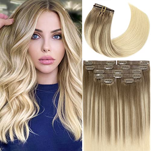 Luxury 16 Inch Clip-in Human Hair Extensions – 7pcs 110g Balayage Ombre (Light Brown to Platinum Blonde) 100% Real Hair for Volume & Length | Perfect for Parties, Weddings & Everyday Styling