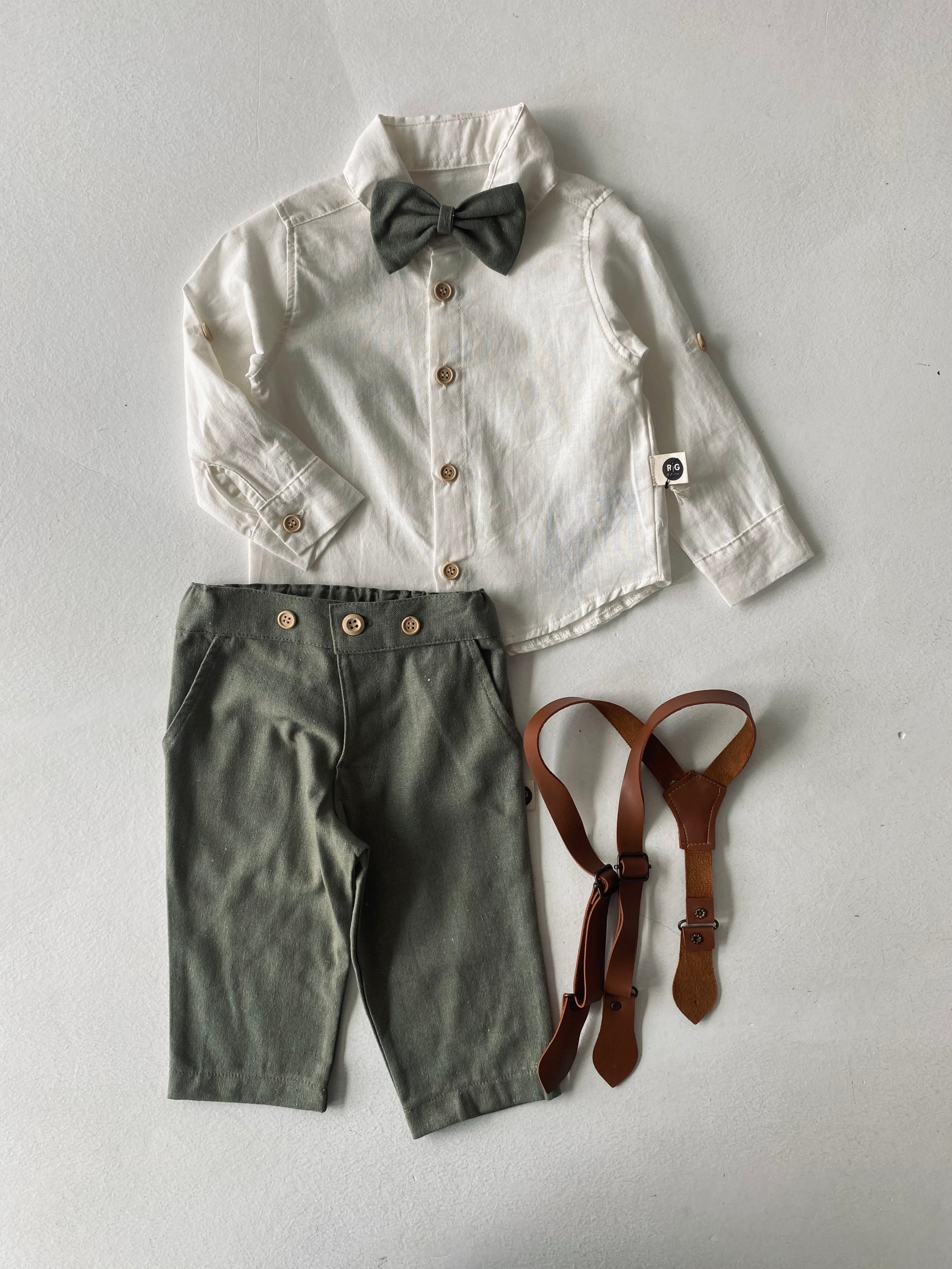 Baby Linen Shirt, Pants, Suspenders & Bowtie Romper Set - Perfect for Newborn Photoshoots, Christenings & Special Occasions