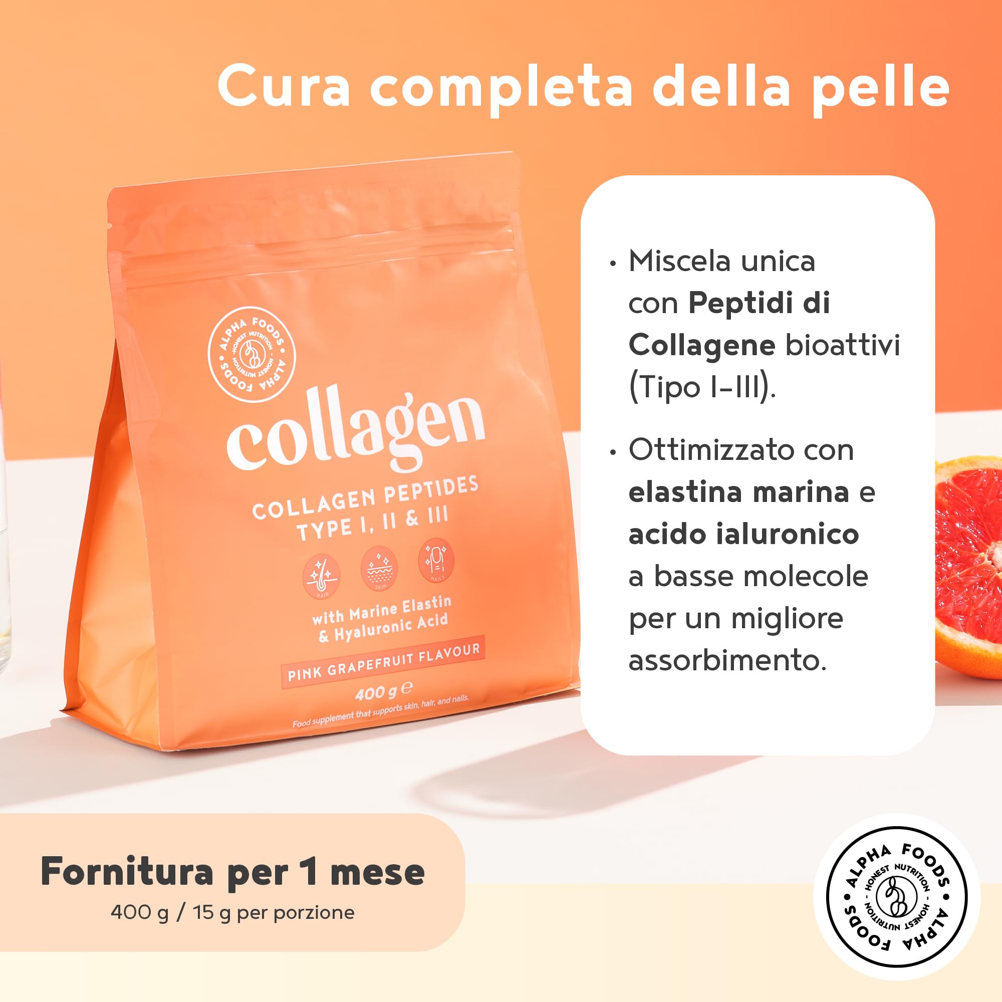 Pure Hydrolyzed Collagen Peptides Powder with Hyaluronic Acid | Unflavored Collagen Supplement for Women & Men | Supports Hair, Skin, Nails & Joint Health | 400g | Alpha Foods | Perfect for Smoothies, Coffee & Post-Workout Recovery