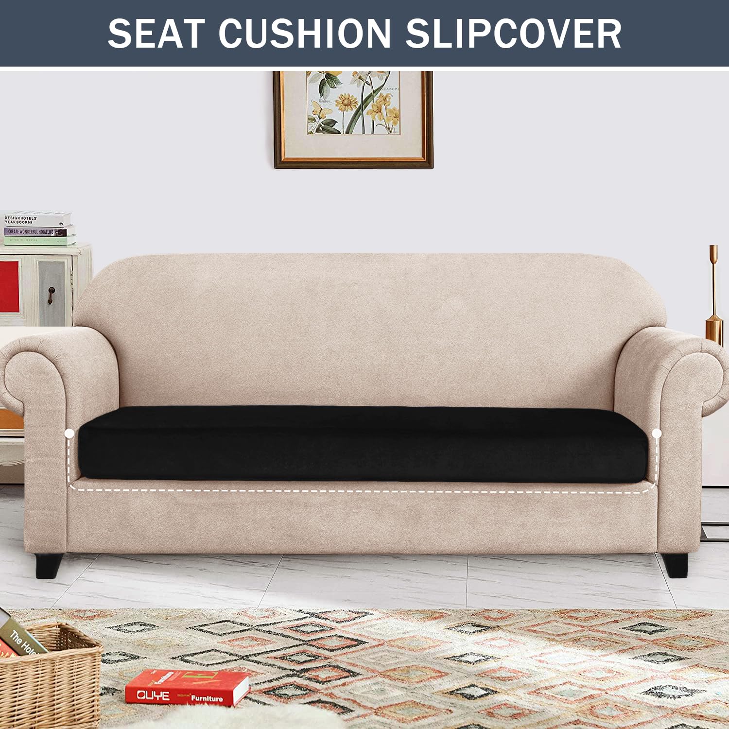 Soft Velvet Plush Stretch Cushion Cover - Elastic Bottom Furniture Protector for Loveseat, Sofa & Couch (Large, Black) | Perfect for Living Room, Bedroom & Home Decor
