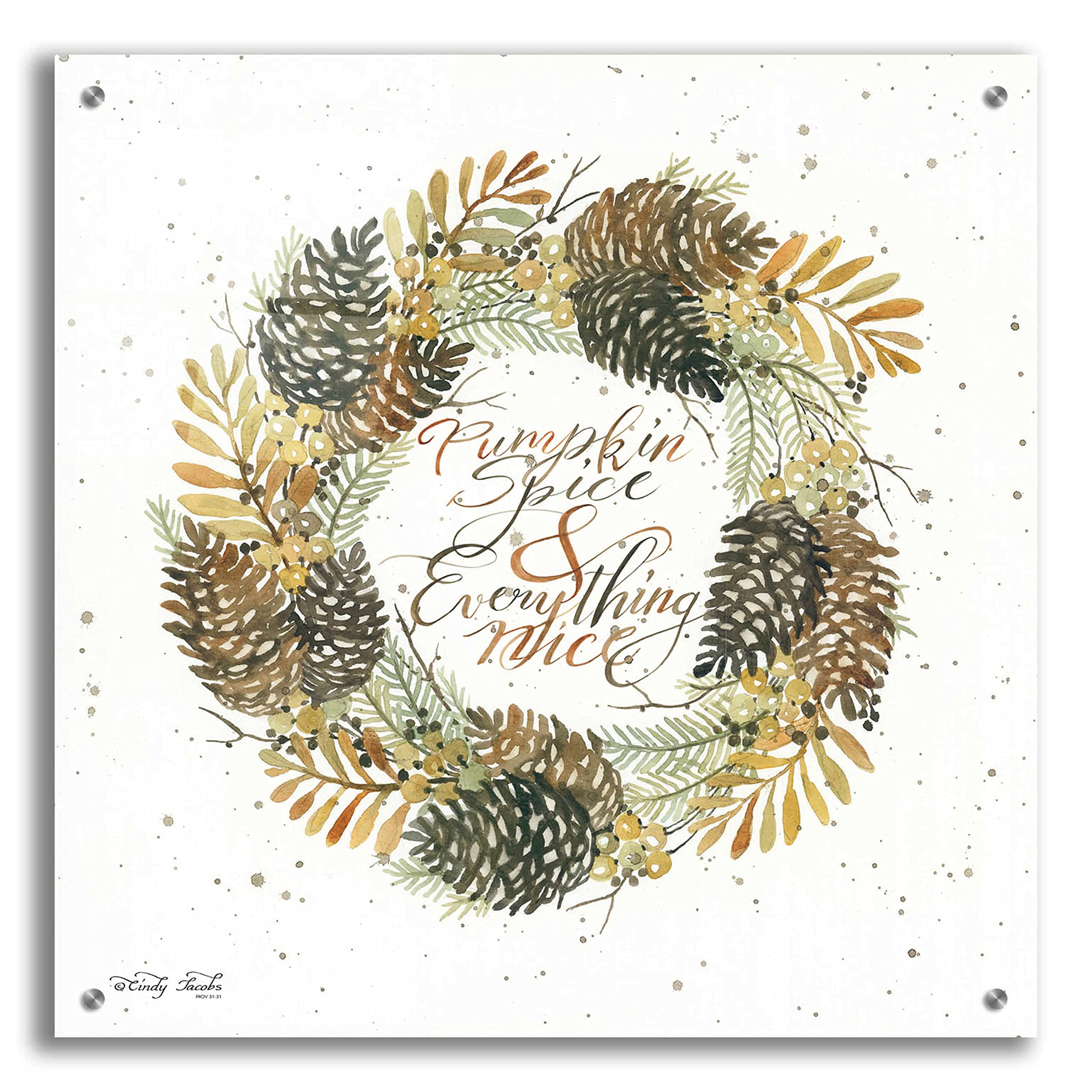 Pumpkin Spice Wreath Wall Art - 24x24 Inch Acrylic Glass Painting by Cindy Jacobs - Modern Fall Home Decor for Living Room, Kitchen, or Office