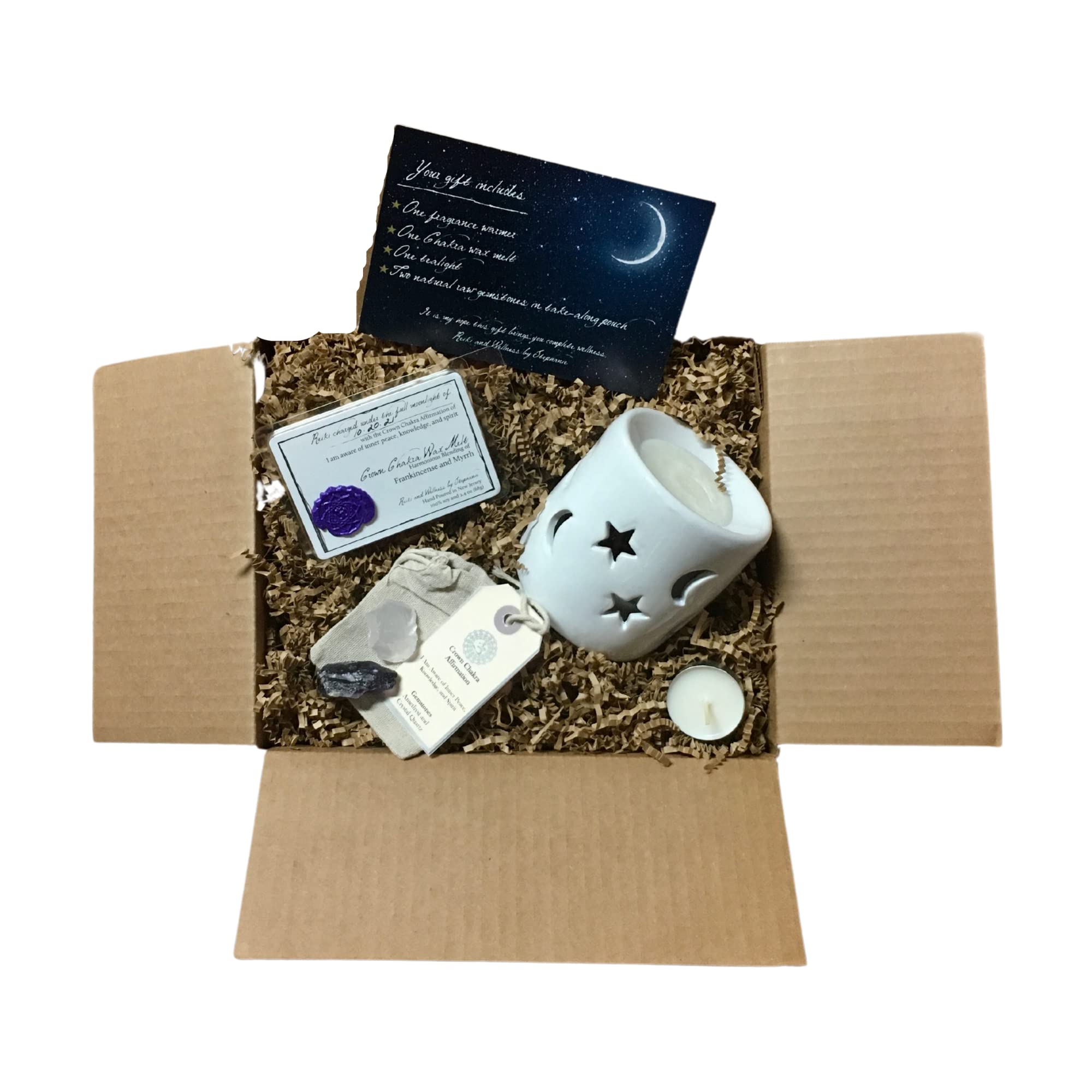 Reiki Charged Healing Crystals Set with Chakra Wax Melts & Wax Warmer - Raw Gemstones, Tealight Candle & Affirmation Cards for Meditation, Manifestation & Relaxation Gifts (Crown Chakra) - Perfect for Yoga, Spiritual Healing & Home Decor