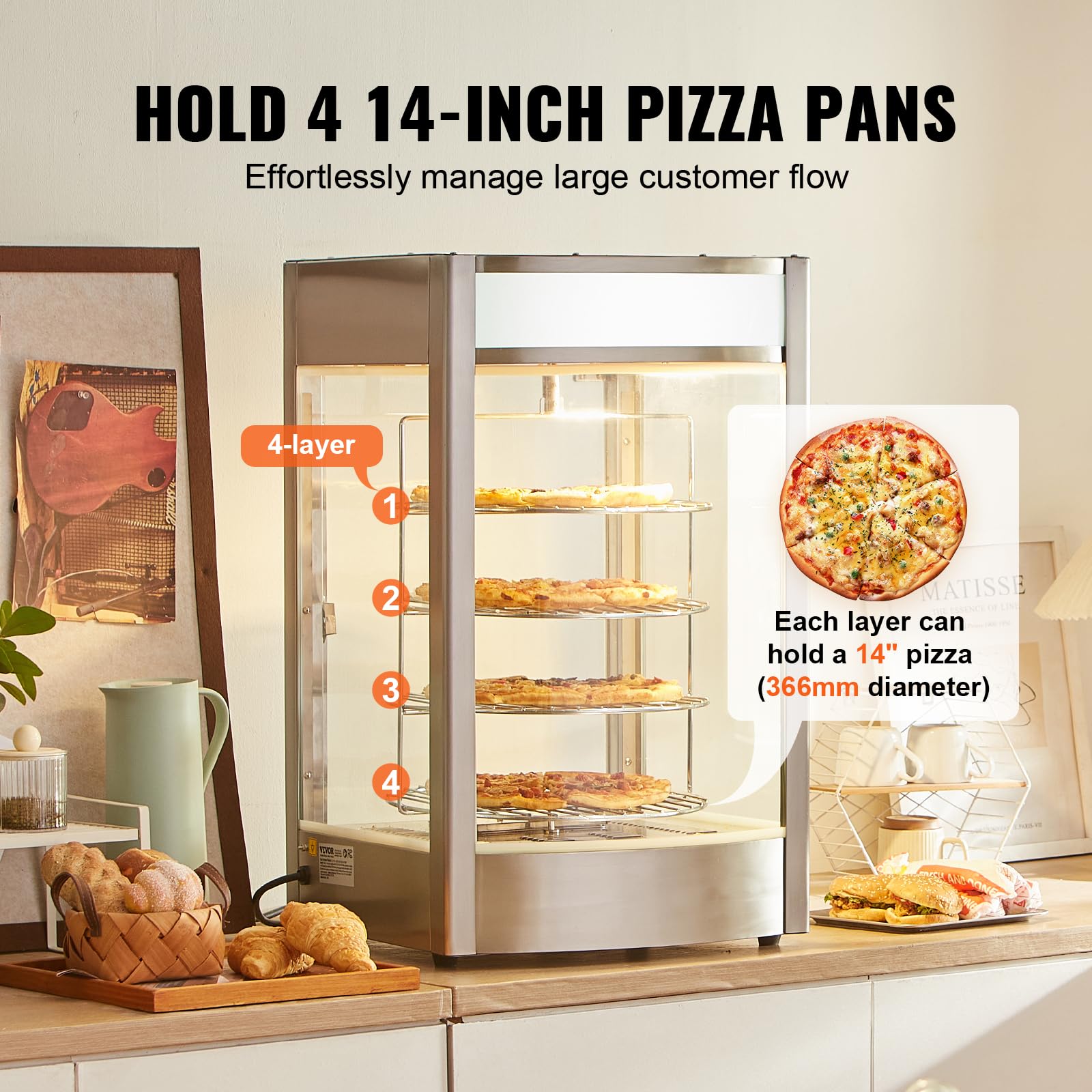 VEVOR 4-Tier Commercial Pizza Warmer with Rotary Steam Heating | 14