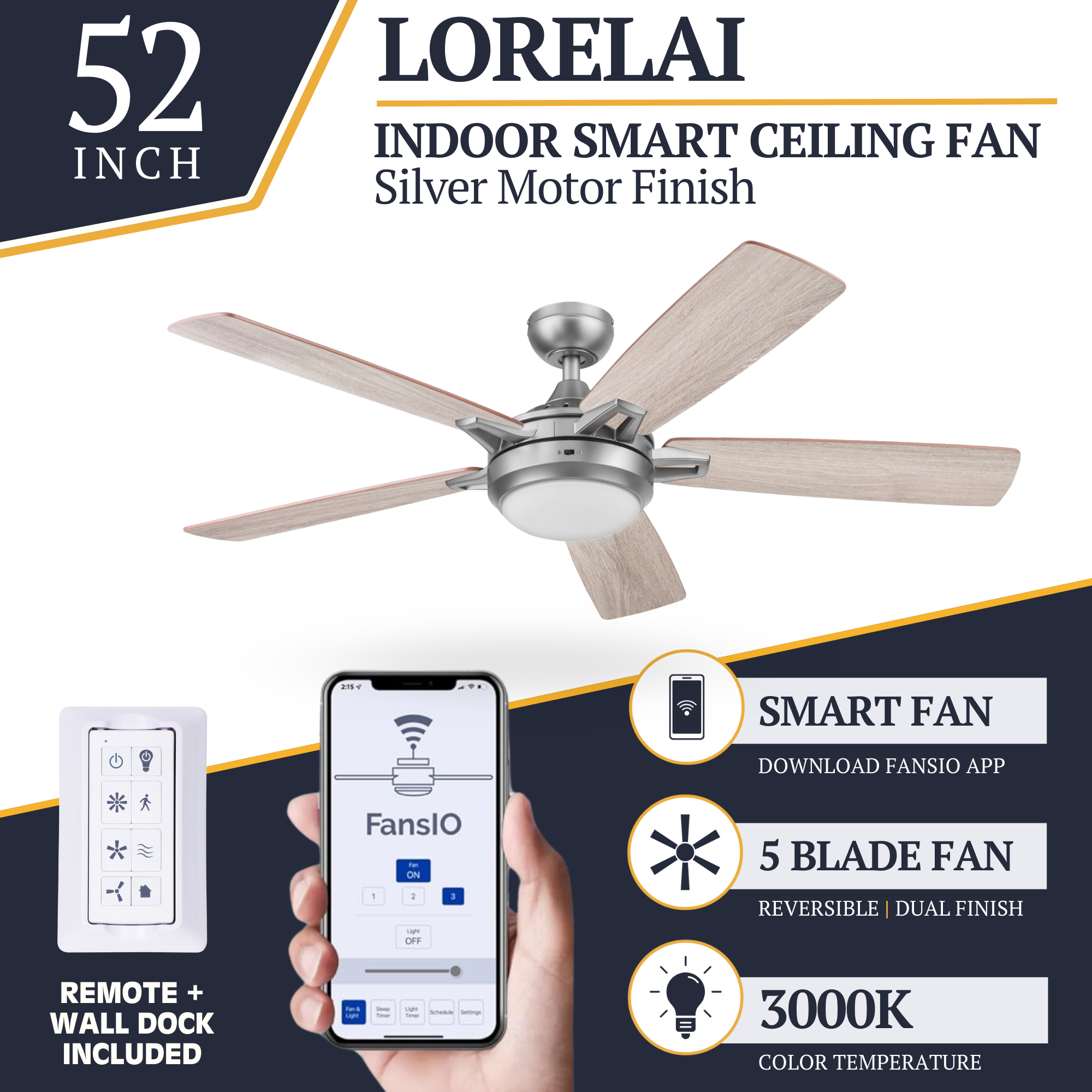 52 Inch Lorelai Smart Ceiling Fan with Remote Control - Silver Finish - Perfect for Living Room, Bedroom & Home Office - Energy Efficient & Quiet Operation