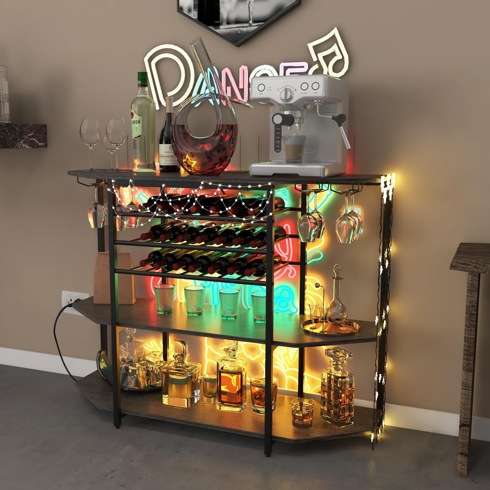 COSTWAY 3-Tier Wine Bar Cabinet with Power Outlets & Storage - Rustic Grey Freestanding Liquor Cabinet with Wine Racks, Glass Holders - Perfect for Kitchen, Dining Room, Home Bar or Entertainment Area