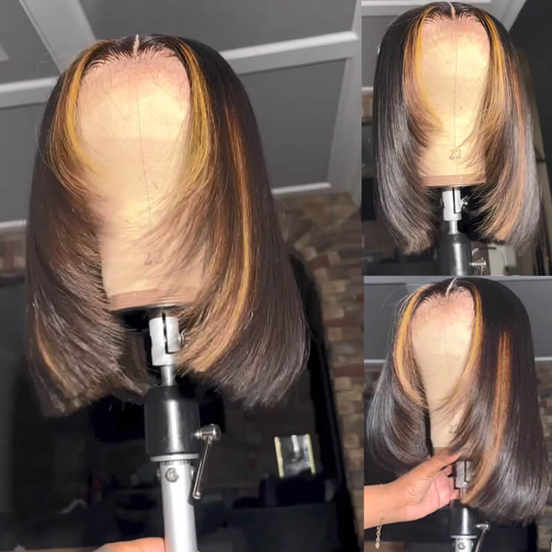Eullair Layered Cut Short Glueless Human Hair Bob Wig - Brown Highlight Pre Cut 4x4 5x5 Straight Skunk Stripe | Perfect for Cosplay, Daily Wear & Fashion Styling