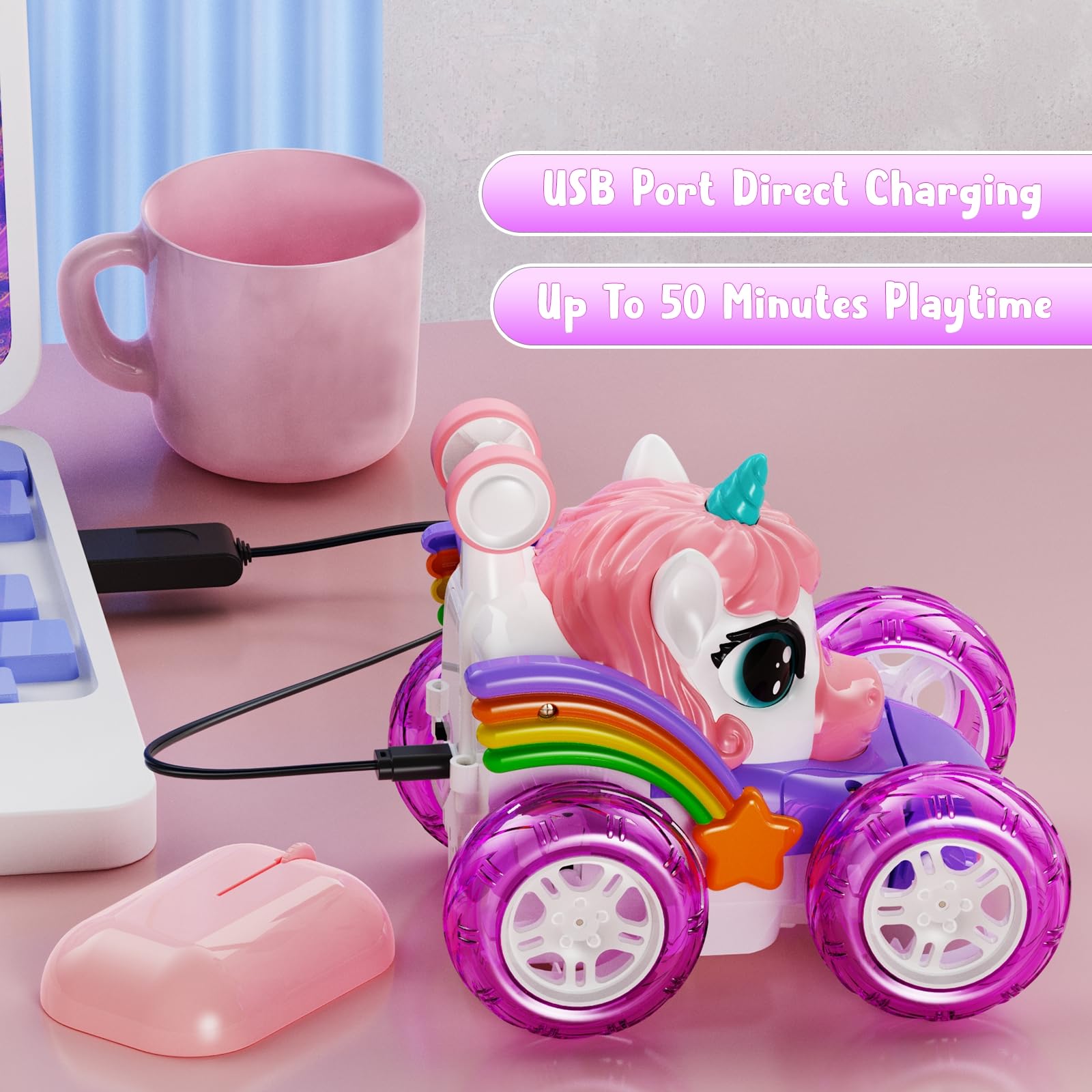 Unicorn Remote Control Car for Girls - 360° Rotating 4WD Stunt RC Toy with LED Lights, Rechargeable Battery - Perfect Birthday Gift for Kids Ages 3-8 | Indoor & Outdoor Play, Party Favors, STEM Learning Toy