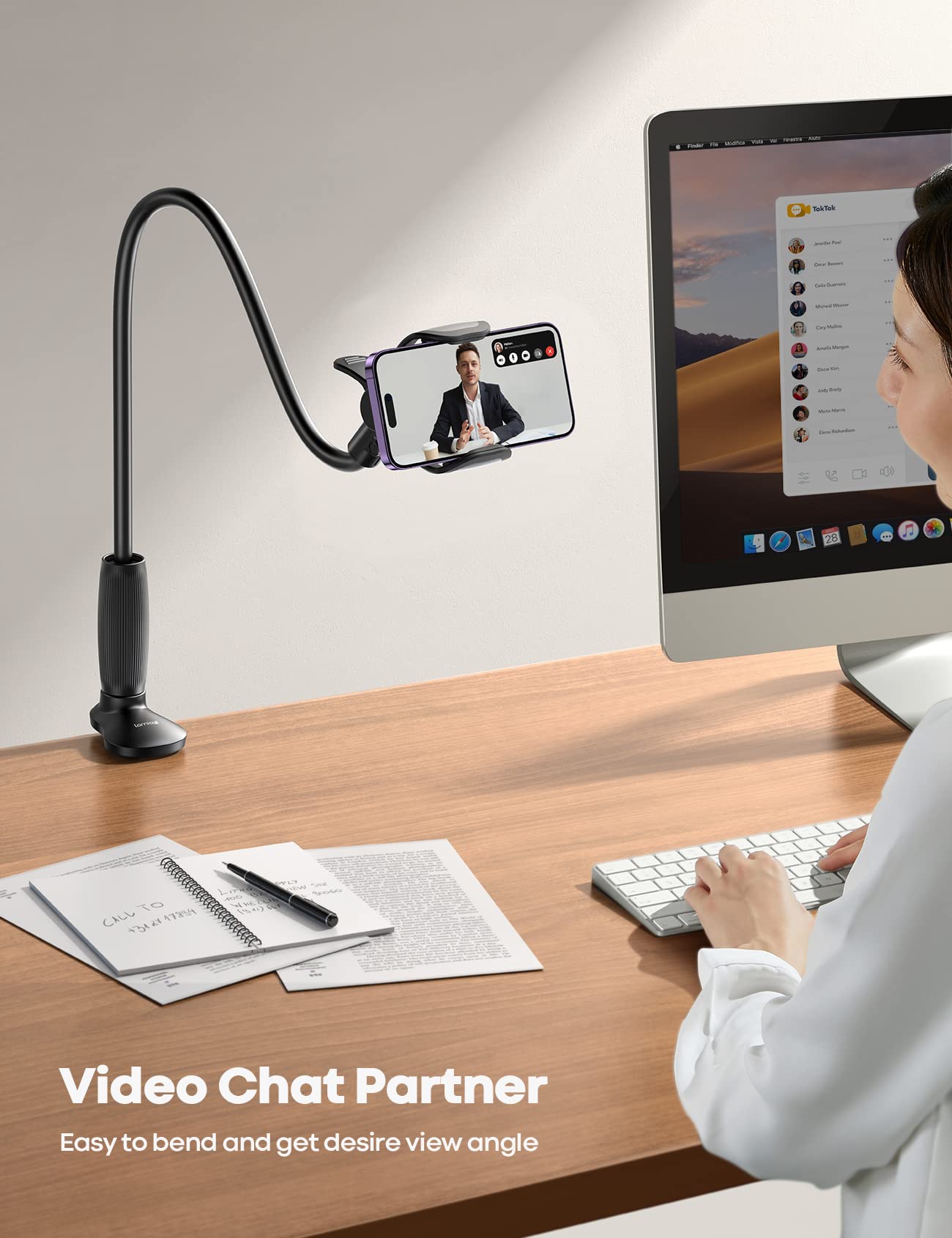 Lamicall Adjustable Gooseneck Phone Holder with 1-Second Lock Spring Cord Clips - Flexible Stand for iPhone, Samsung, Tablets - Perfect for Bed, Desk, Car & Office Use