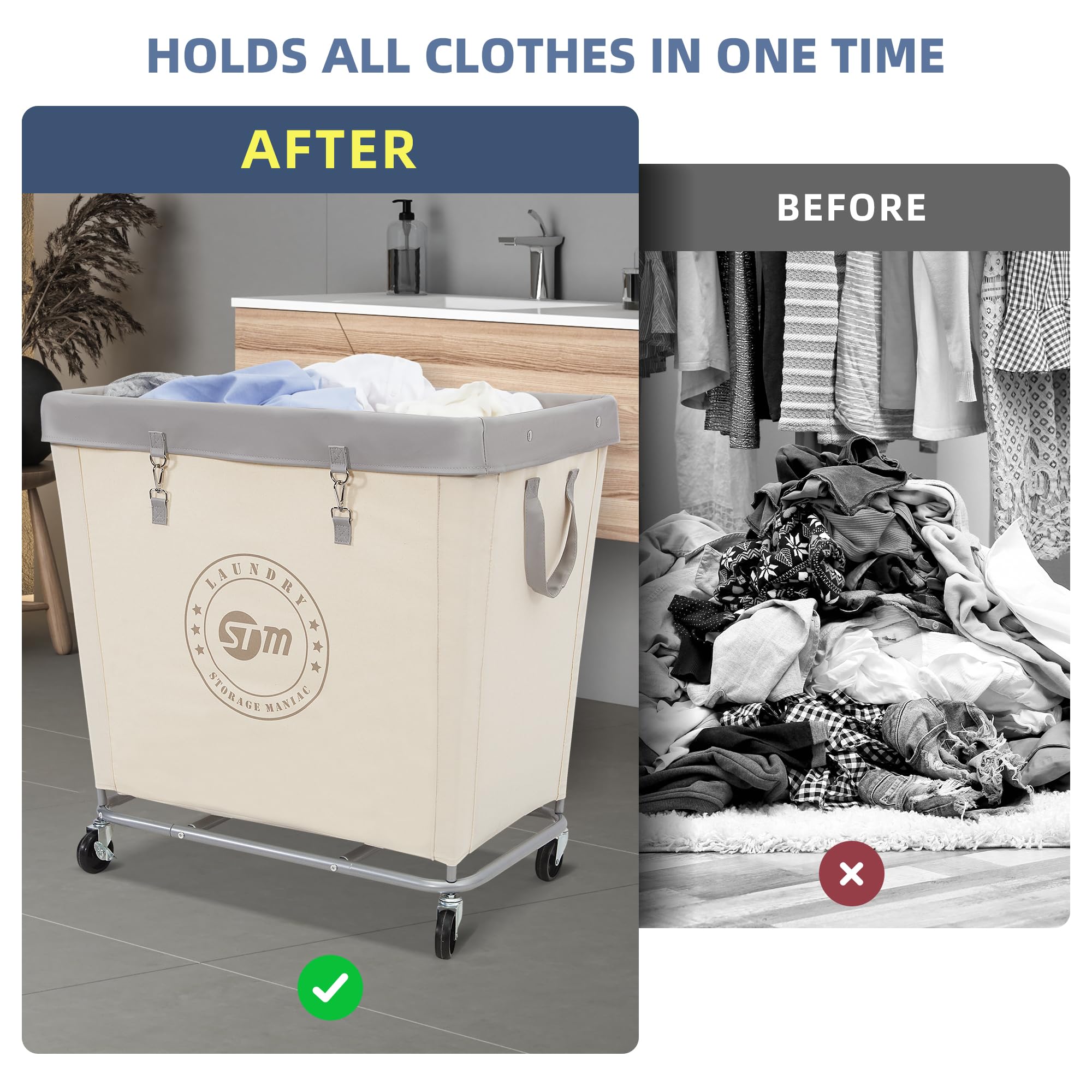 Heavy Duty Commercial Laundry Hamper Cart with Wheels - 320L Industrial Laundry Basket with Steel Frame for Hotel, Home & Laundry Room - 31.7