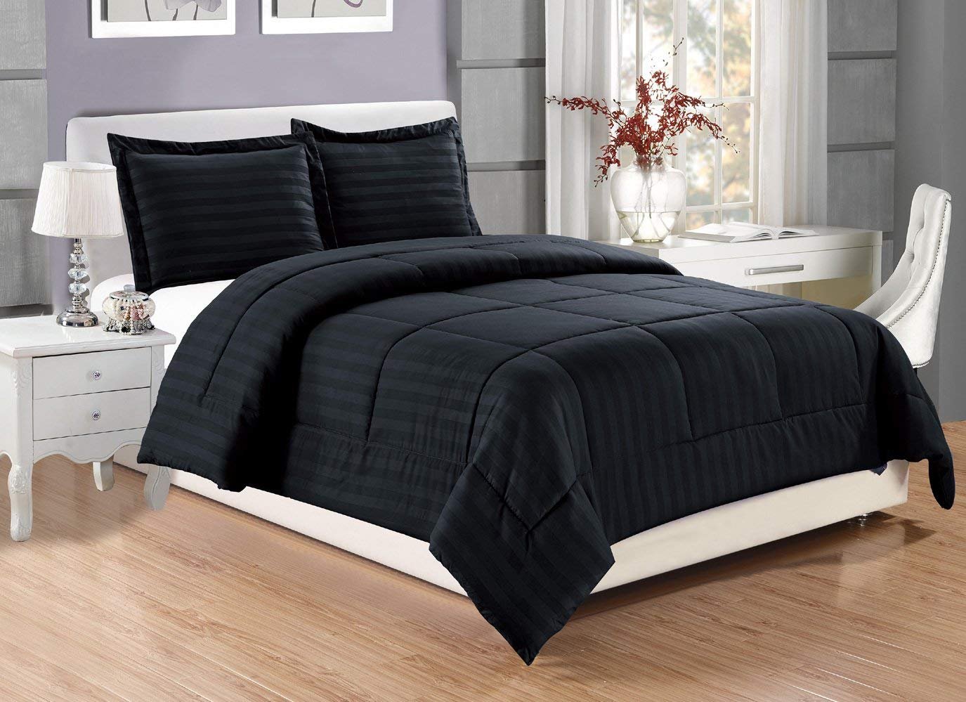 Premium 650 Thread Count Egyptian Cotton Comforter - 1pc Box Stitched Design with 100 GSM Microfiber Fill - Queen/Olympic Queen Size (86x86 inches) - Black Stripe - Soft & Breathable Bedding for All Seasons - Perfect for Master Bedrooms, Guest Rooms & Luxury Hotels
