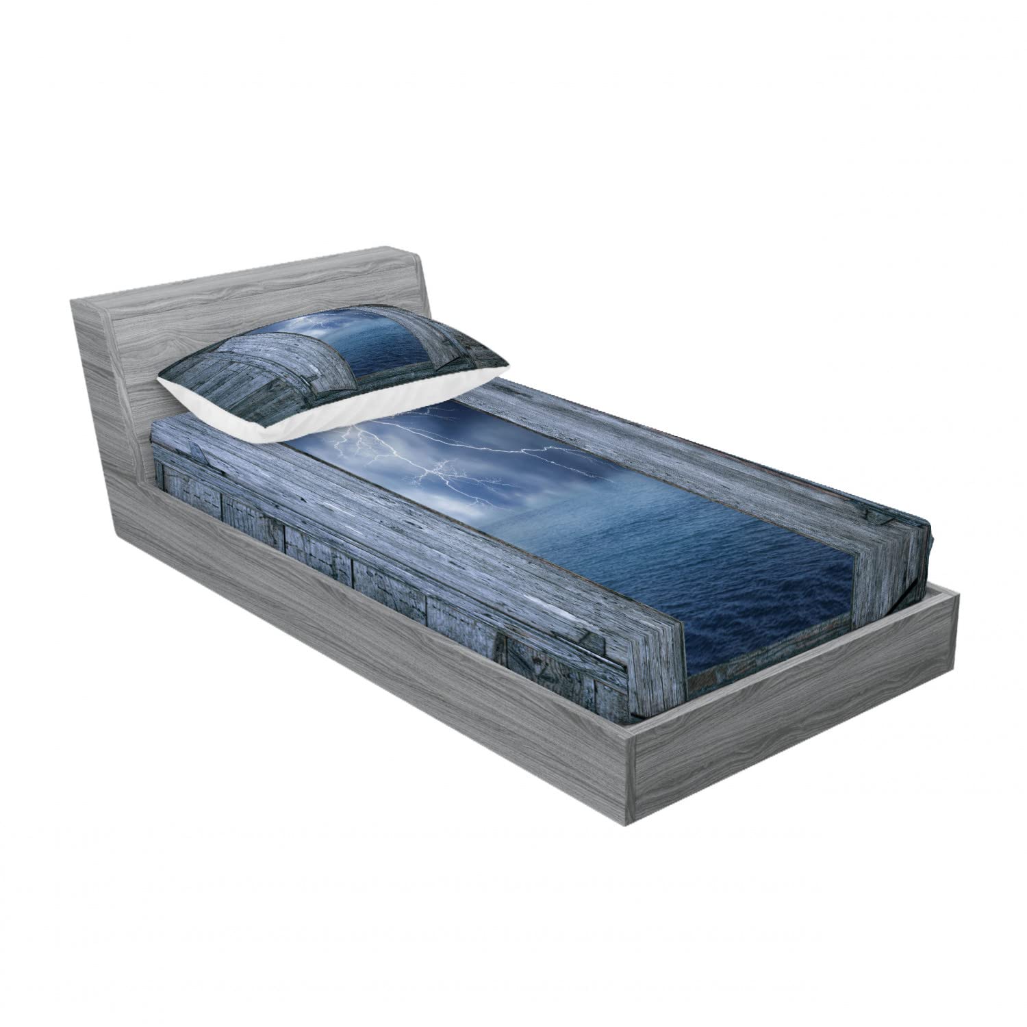 Ambesonne 2-Pack Twin Fitted Sheet & Pillow Sham Set - Thunder Bolt at Night Ocean Theme, Blue Grey 4-Piece Bedding Set (2 Fitted Sheets + 2 Pillow Covers) | Perfect for Kids Rooms, Beach House Decor & Coastal Themed Bedrooms