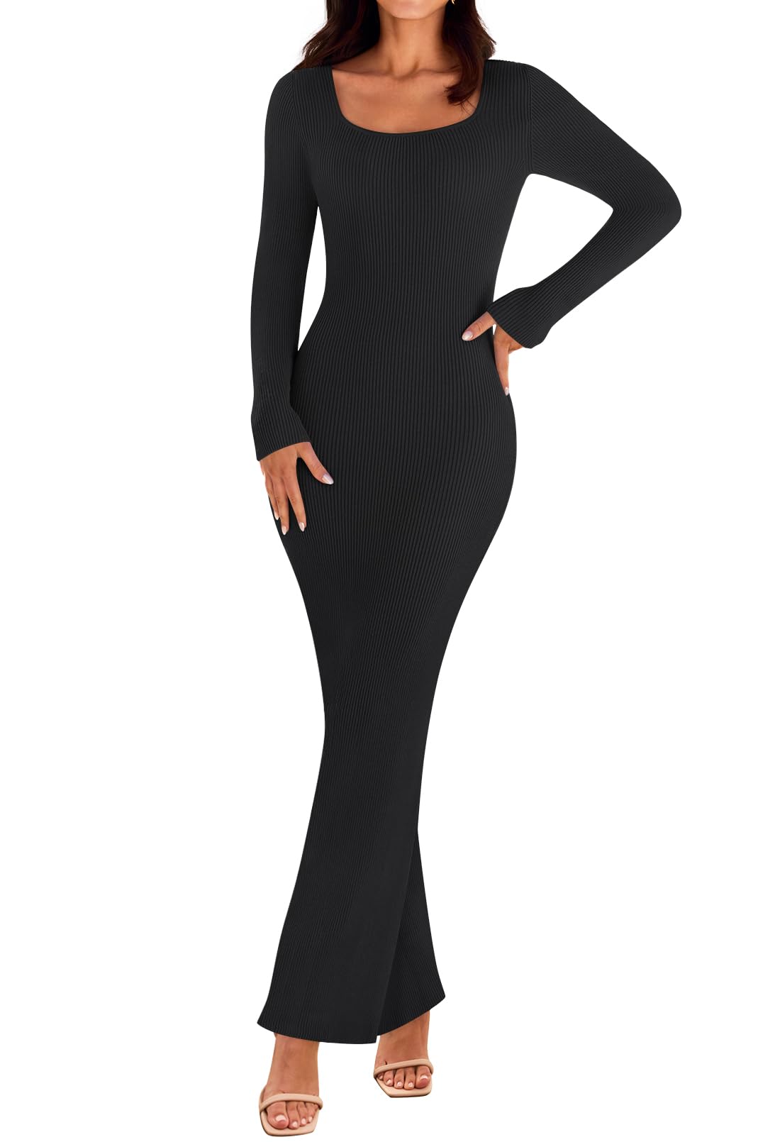 MEROKEETY Women's 2025 Fall Long Sleeve Square Neck Bodycon Maxi Dress - Ribbed Knit Sweater Dress for Women, Elegant Long Sleeve Midi Dress for Date Night, Party, Office & Casual Outings