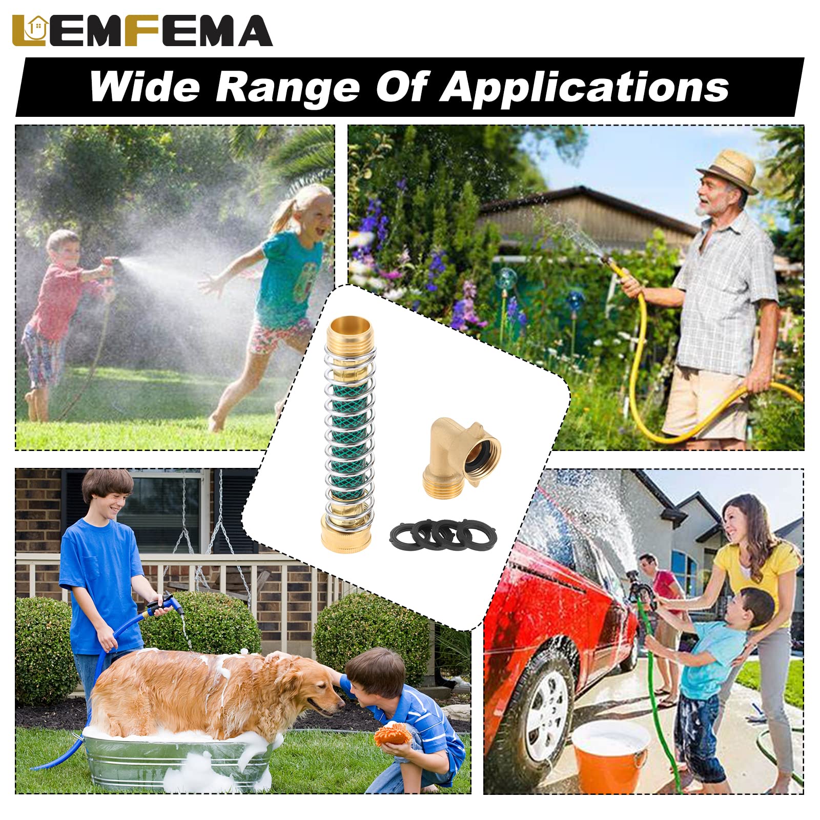 90 Degree Solid Brass Garden Hose Elbow Connector & Extension Adapter with Coil Spring + 4 Pressure Washers - Heavy Duty Watering Solution for Lawn, Garden & Pressure Washing