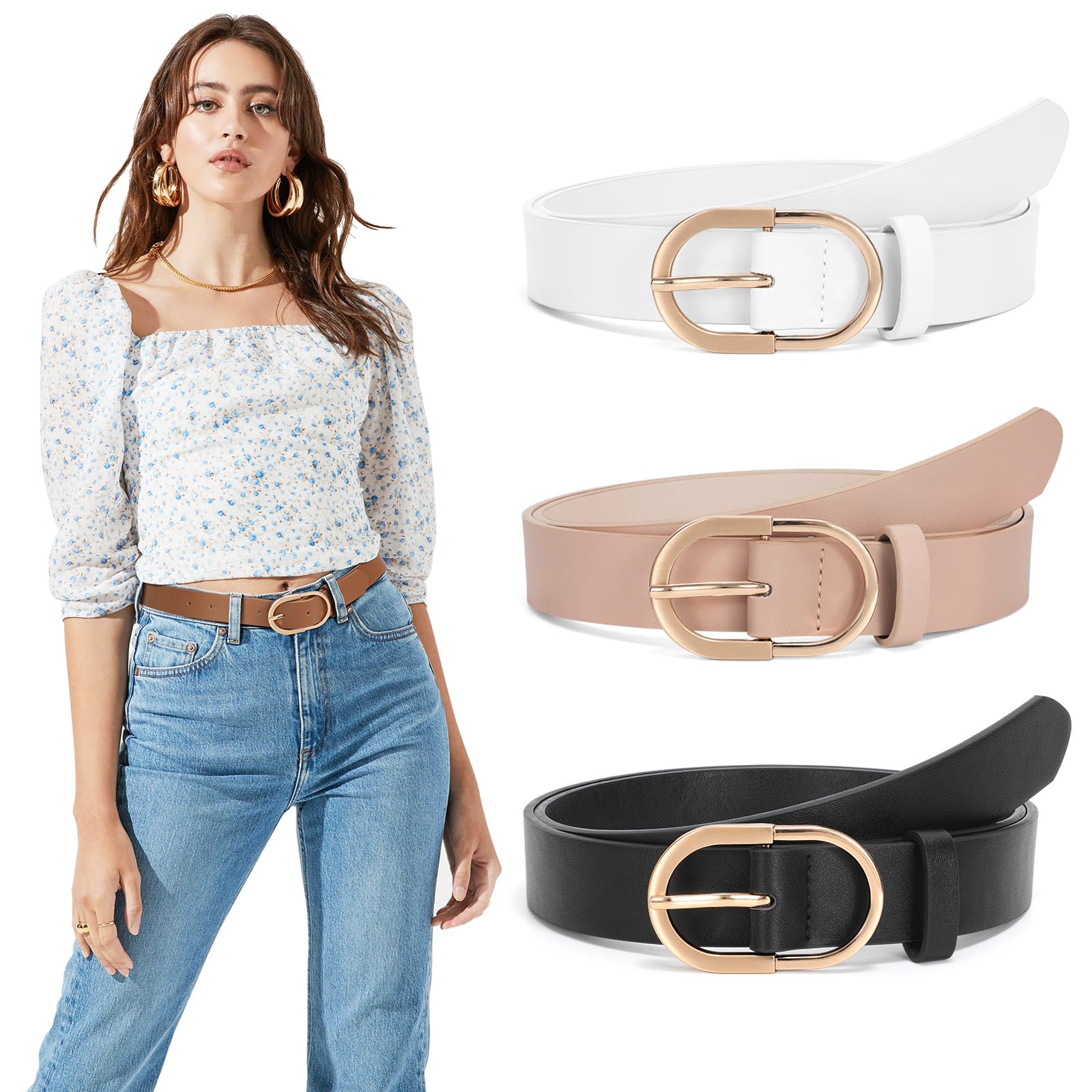 JASGOOL Women's Genuine Leather Belts for Jeans & Pants - Stylish Gold Buckle Fashion Belt for Ladies | Perfect for Casual Outfits, Office Wear & Daily Use