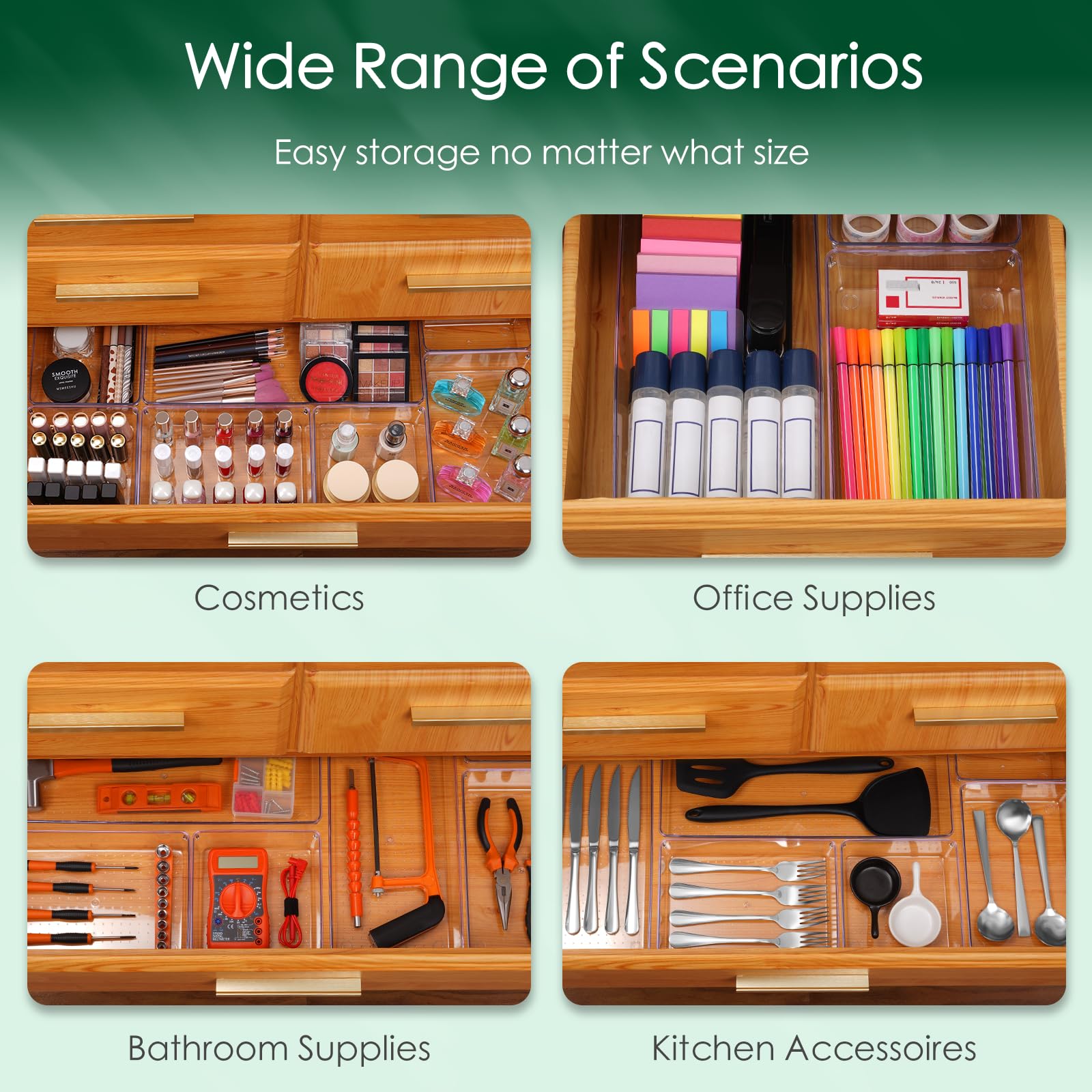 Acrylic Drawer Organizer Set - Non-Slip, Durable Kitchen Storage Trays for Cosmetics, Bathroom, Tools & Office (8-Pack) | Perfect for Organizing Makeup, Utensils, Office Supplies & More
