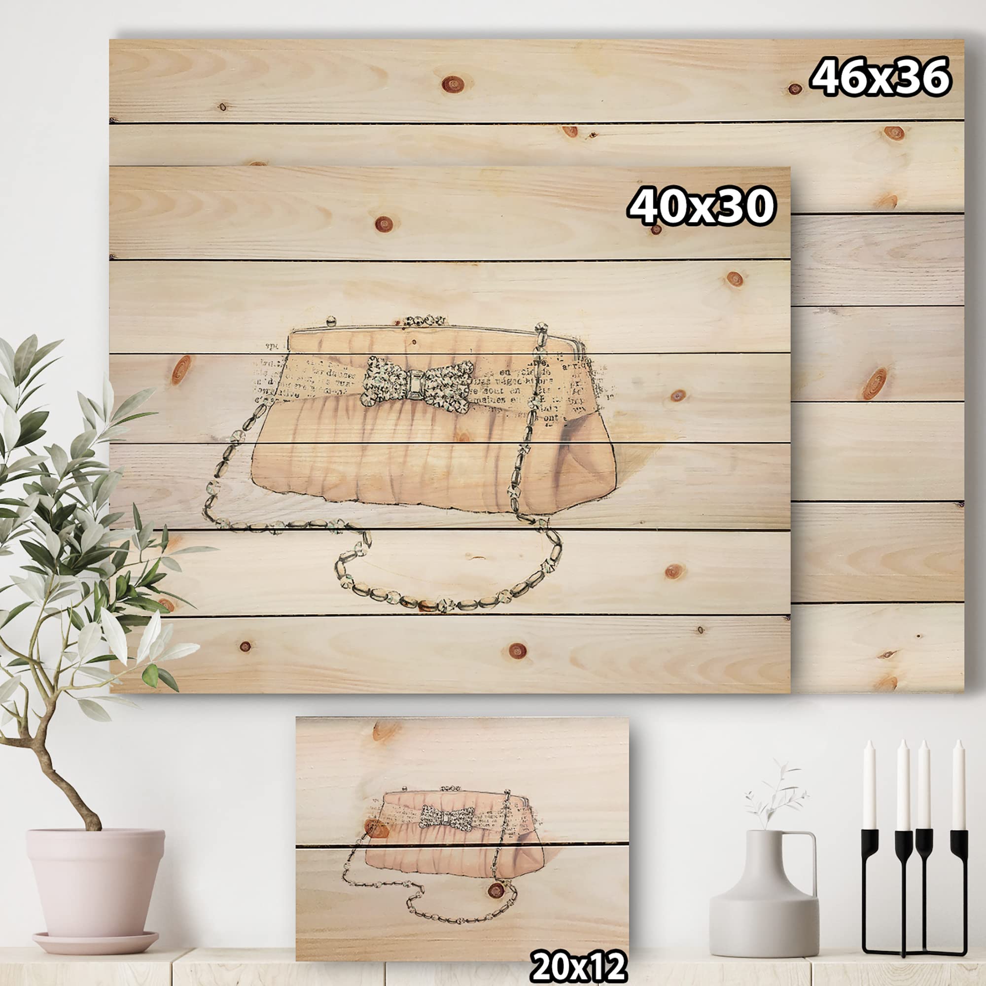 DesignQ Glamorous Sparkle Purse II - Traditional Wood Wall Decor & Art, Large Fashion Wood Panels Printed on Natural Pine - Perfect for Living Room, Bedroom & Office Decor