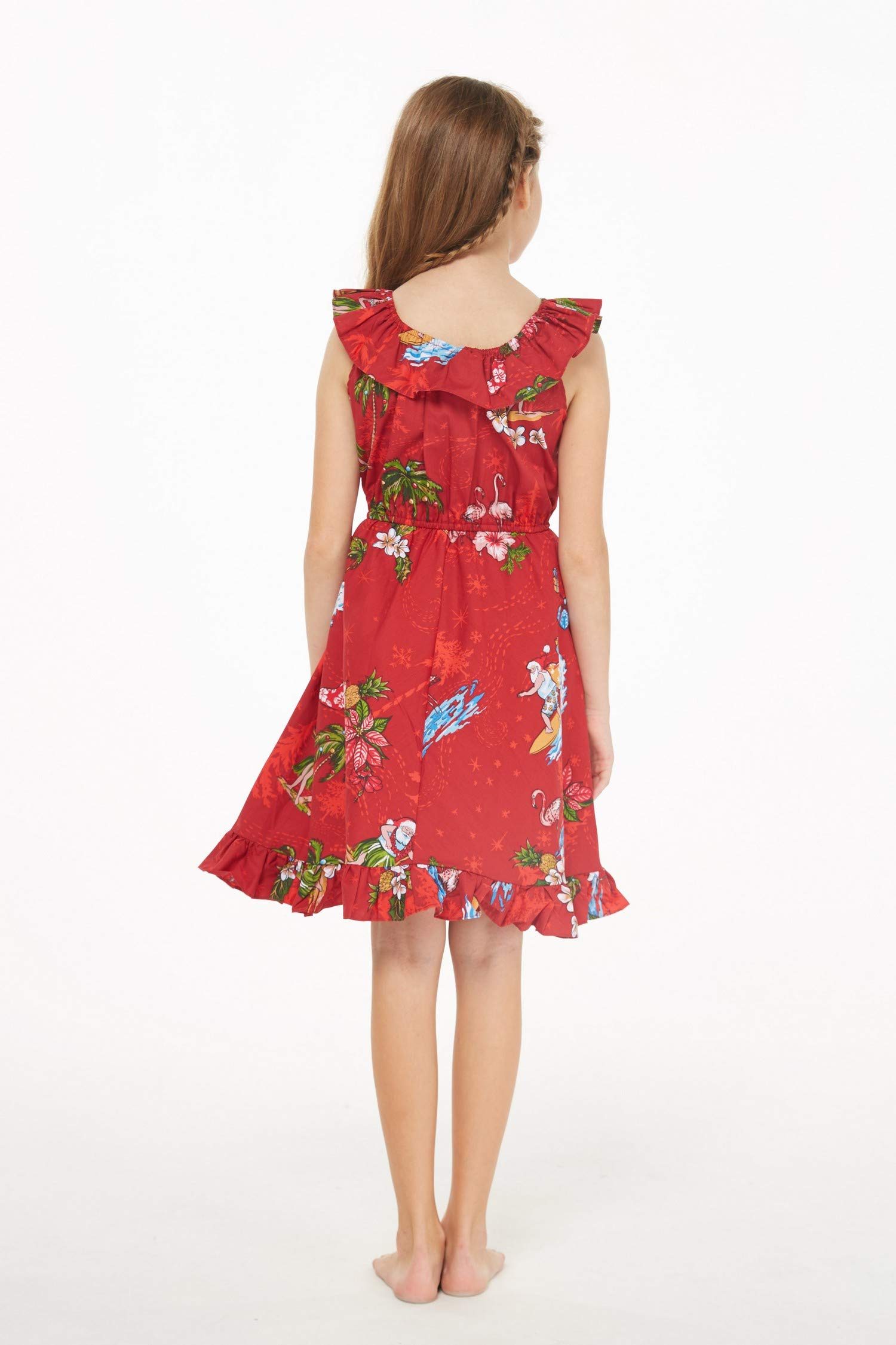 Girl's Luau Wrap Ruffle Dress - Christmas Santa in Hawaii Red - Perfect for Holiday Parties & Tropical Vacations