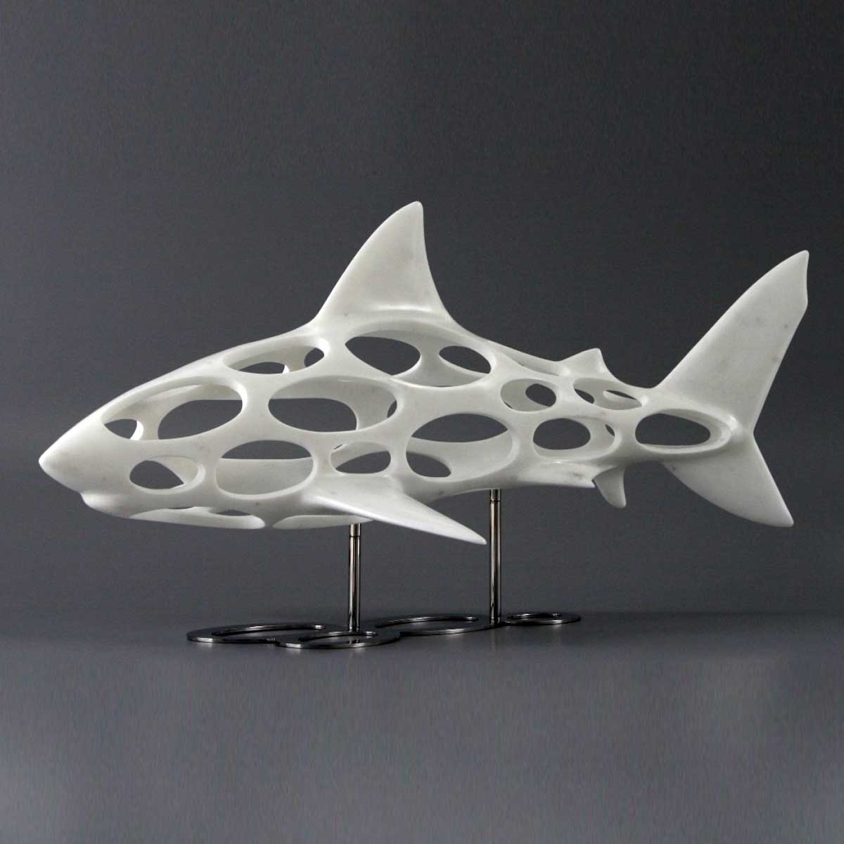 Premium Carrara Statuary Marble Shark Sculpture - Elegant Home Decor, Office Accent, or Luxury Gift for Marine Life Enthusiasts