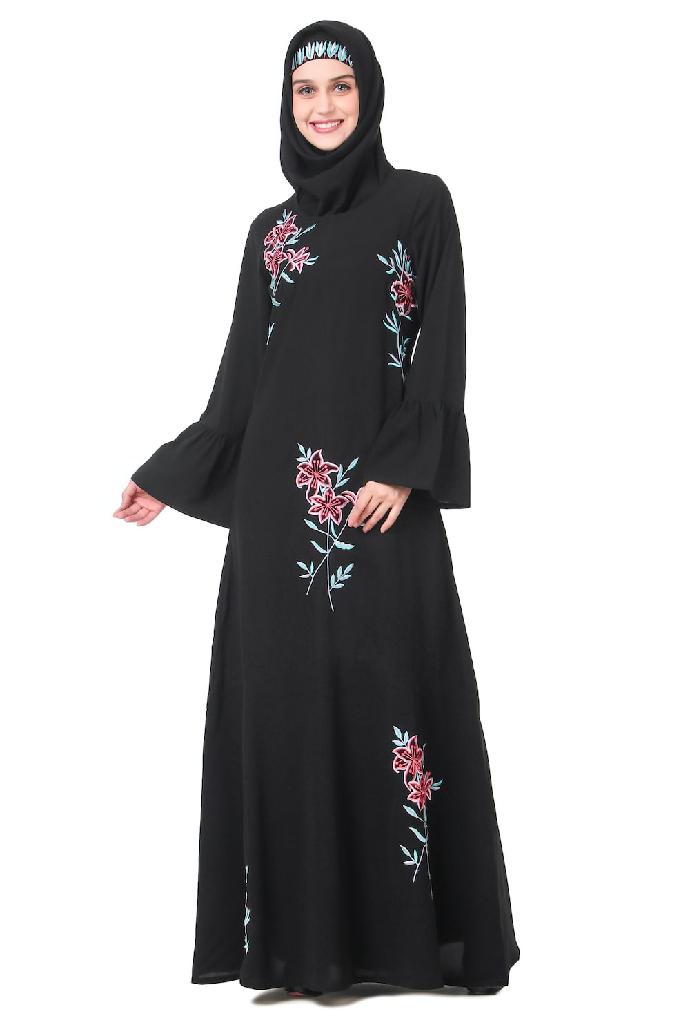 Elegant Floral Embroidered Abaya Dress for Women - Modest Islamic Prayer Gown - Perfect for Eid, Ramadan, and Special Occasions