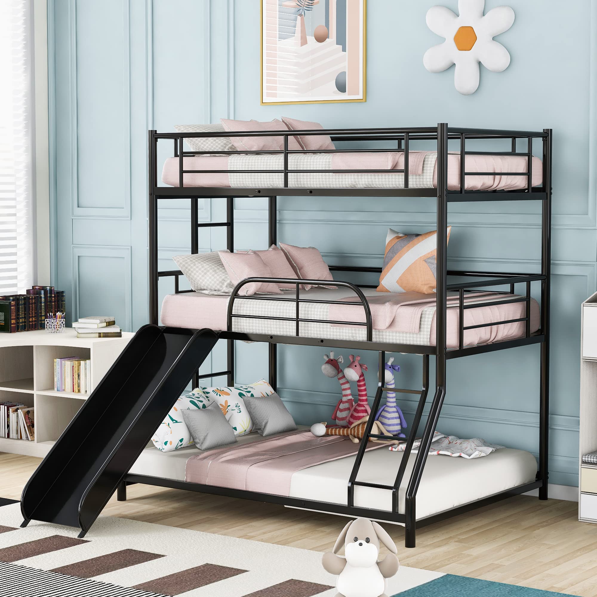 Sturdy Metal Triple Bunk Bed with Slide - Twin Over Twin Over Full Heavy Duty Steel Bunk Bed with Ladders & Safety Guardrails for Kids, Teens & Adults (Black) - Perfect for Space-Saving Kids' Bedrooms, Dorm Rooms & Vacation Homes