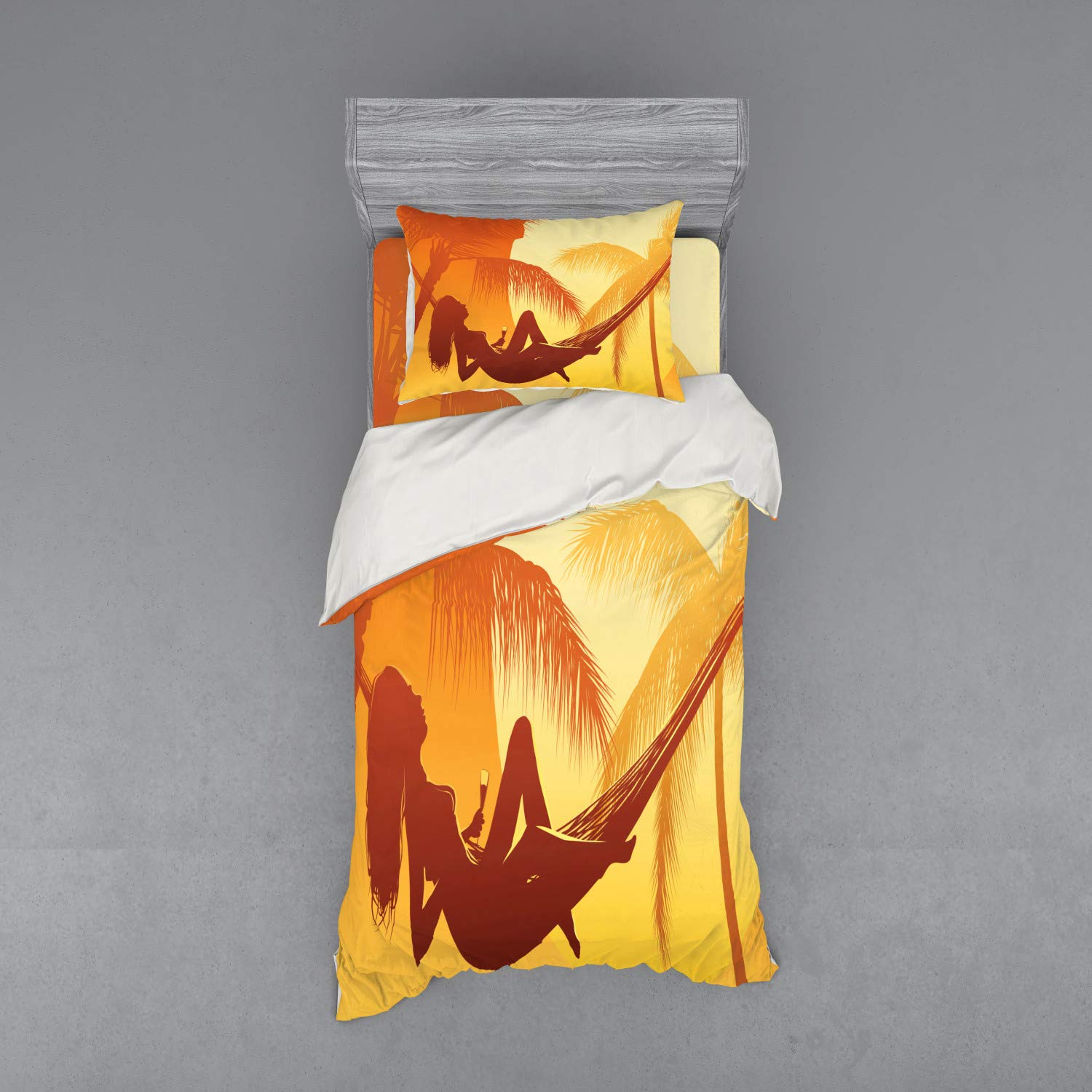 Ambesonne Beach Duvet Cover Set - Tropical Sunset Hammock Design, 3-Piece Bedding Set with Pillow Sham & Fitted Sheet, Twin Size, Burnt Orange - Perfect for Coastal Bedrooms, Vacation Homes & Boho Chic Decor