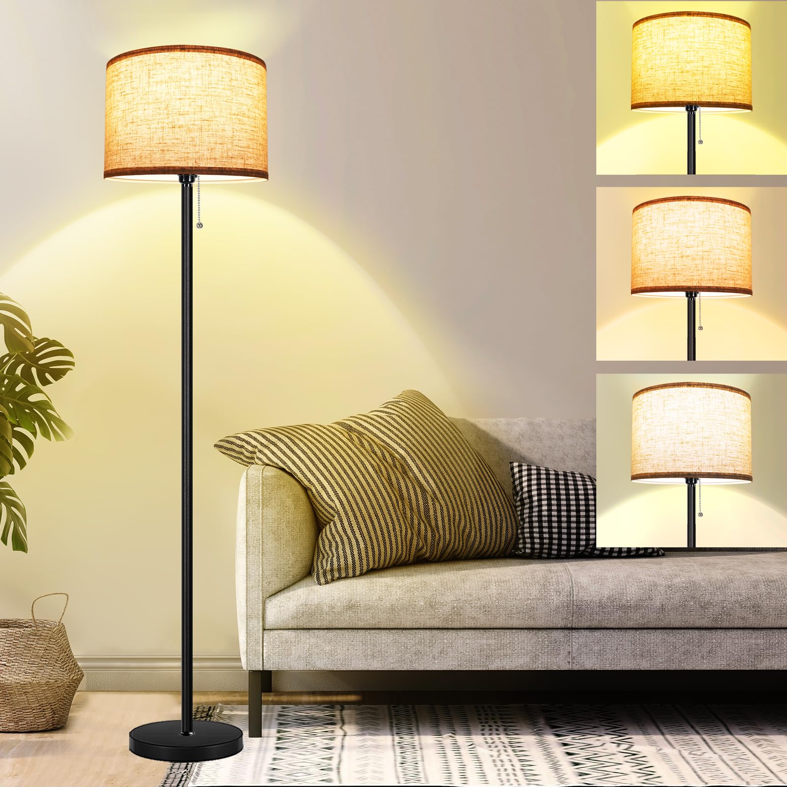 FunnyBehom Modern Floor Lamp - 3 Color Temperature Adjustable Standing Light with Pull Chain Switch, Black Tall Lamp with Lampshade for Living Room, Bedroom & Office (9W LED Bulb Included) | Perfect for Reading, Relaxing & Home Decor