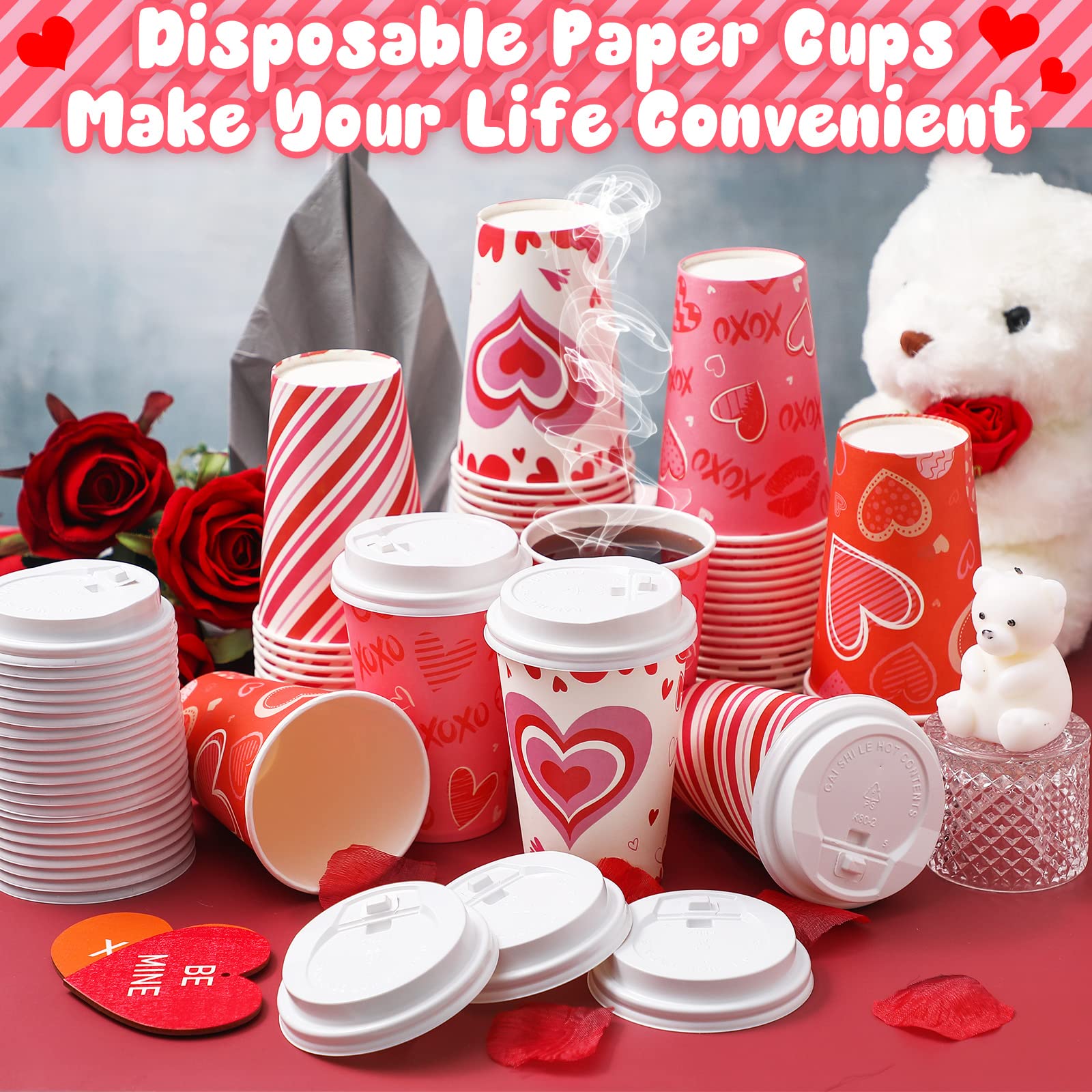 Funtery 60-Pack 12oz Valentine's Day Disposable Paper Cups with Lids - Pink Heart Design for Hot Chocolate, Coffee, Tea & Beverages - Perfect for Valentine's Parties, Christmas Celebrations & Coffee Bar Essentials