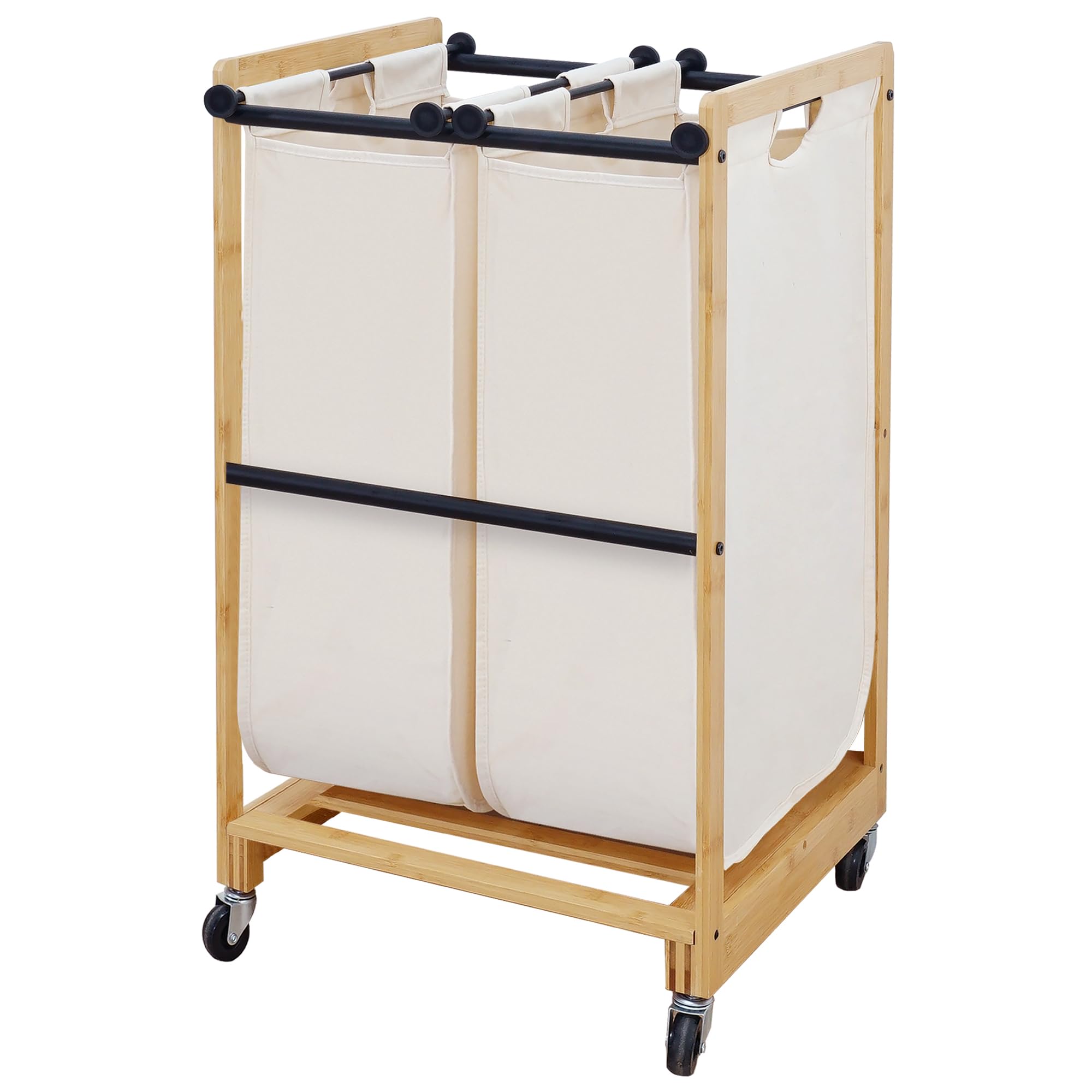 STO 2-Section Bamboo Frame Laundry Sorter with Lockable Wheels - Removable Bag Rolling Laundry Hamper Cart for Clothes Storage - Perfect for Laundry Room, Bedroom & Dorm Organization (Beige)