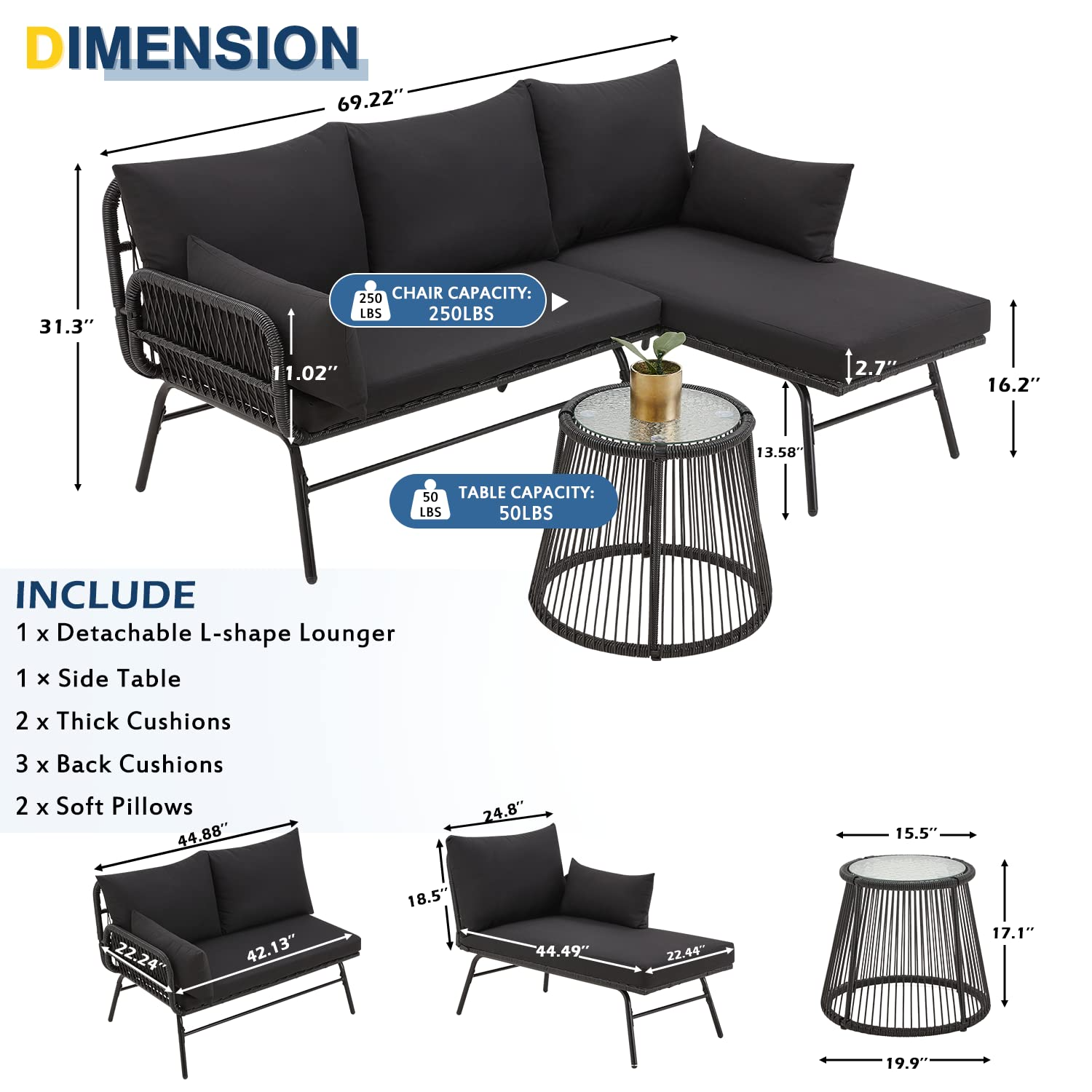 EROMMY 3-Piece L-Shaped Outdoor Patio Sofa Set with Weather-Resistant Cushions & Tempered Glass Coffee Table - Modern Black Wicker Furniture for Backyard, Garden, Poolside or Balcony Relaxation